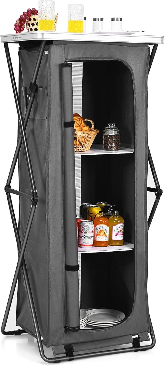 image:imageGiantex Folding Camping Storage Cabinet with 3 Shelves and Carry Bag Portable Outdoor Organizer Kitchen Table Quick Setup for BBQ Picnic Backyard Compact PopUp Cupboard 35HGrey