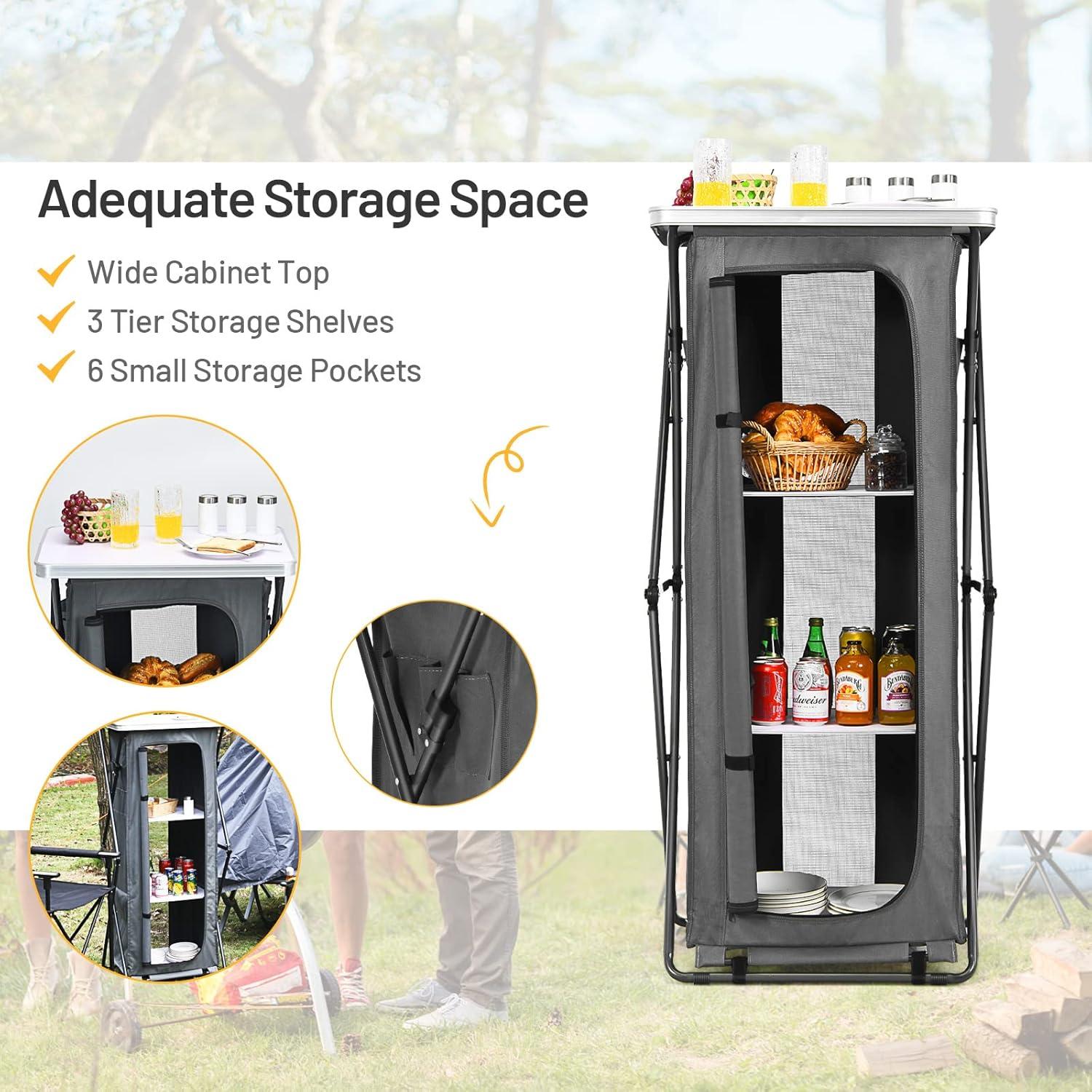 image:imageGiantex Folding Camping Storage Cabinet with 3 Shelves and Carry Bag Portable Outdoor Organizer Kitchen Table Quick Setup for BBQ Picnic Backyard Compact PopUp Cupboard 35HGrey