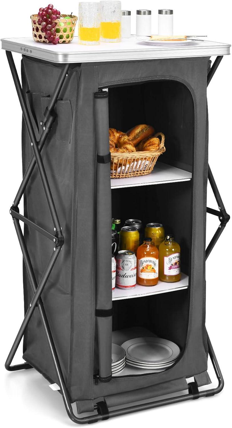 image:imageGiantex Folding Camping Storage Cabinet with 3 Shelves and Carry Bag Portable Outdoor Organizer Kitchen Table Quick Setup for BBQ Picnic Backyard Compact PopUp Cupboard 35HGrey