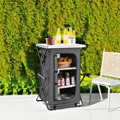 image:imageGiantex Folding Camping Storage Cabinet with 3 Shelves and Carry Bag Portable Outdoor Organizer Kitchen Table Quick Setup for BBQ Picnic Backyard Compact PopUp Cupboard 35HGrey