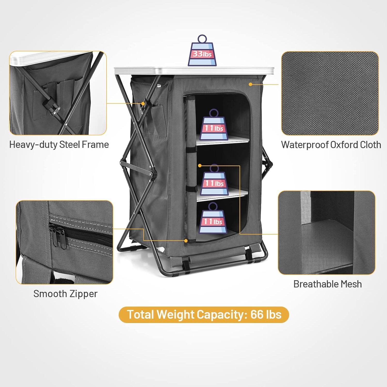 image:imageGiantex Folding Camping Storage Cabinet with 3 Shelves and Carry Bag Portable Outdoor Organizer Kitchen Table Quick Setup for BBQ Picnic Backyard Compact PopUp Cupboard 35HGrey