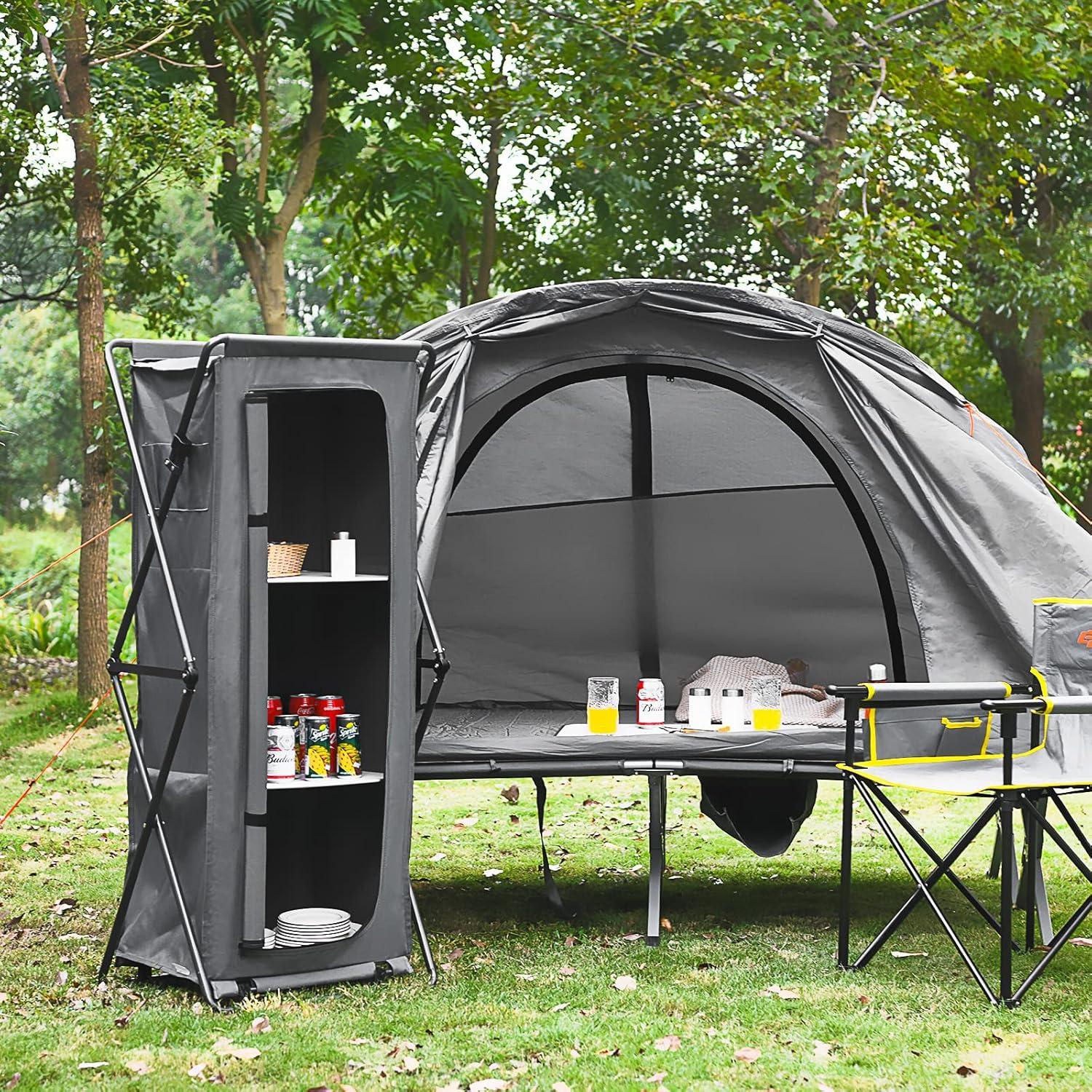 image:imageGiantex Folding Camping Storage Cabinet with 3 Shelves and Carry Bag Portable Outdoor Organizer Kitchen Table Quick Setup for BBQ Picnic Backyard Compact PopUp Cupboard 35HGrey