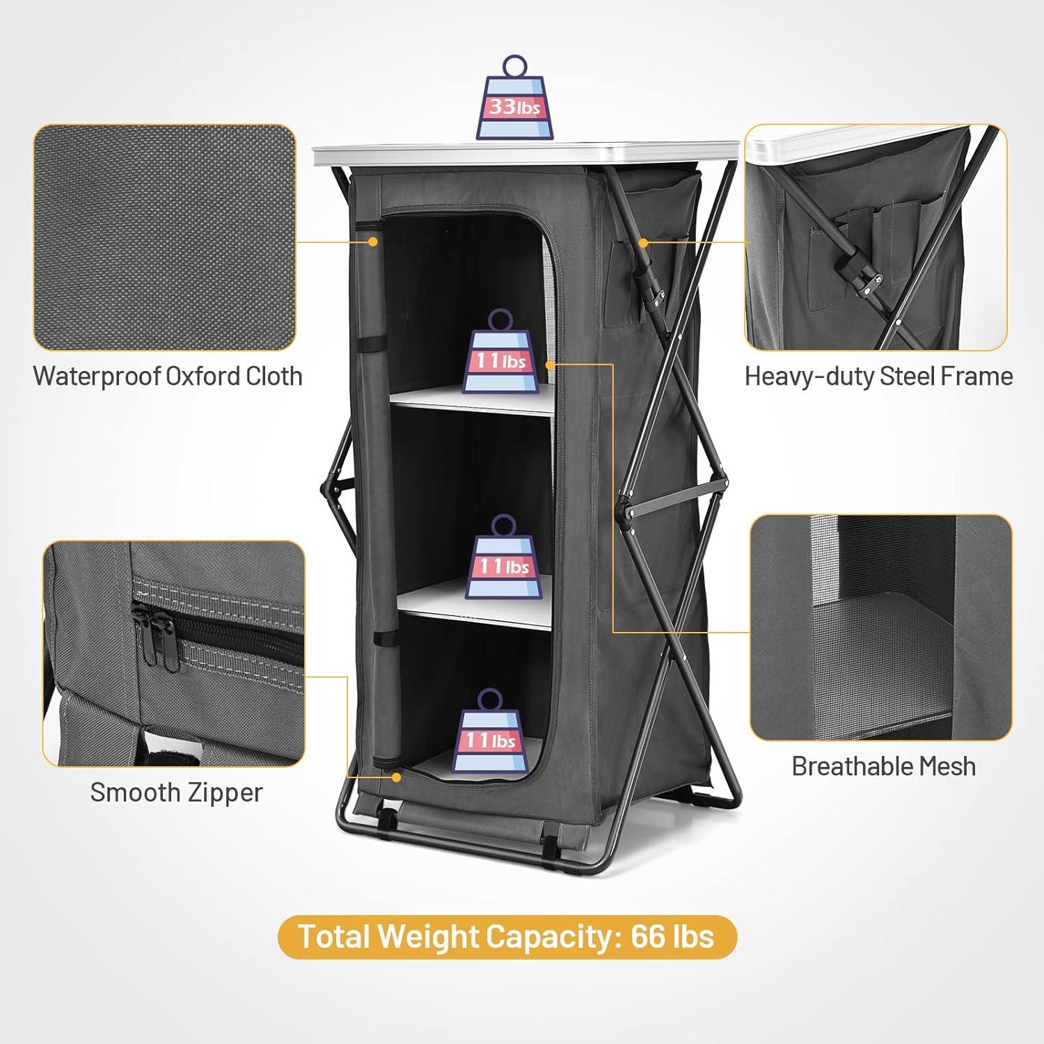 image:imageGiantex Folding Camping Storage Cabinet with 3 Shelves and Carry Bag Portable Outdoor Organizer Kitchen Table Quick Setup for BBQ Picnic Backyard Compact PopUp Cupboard 35HGrey