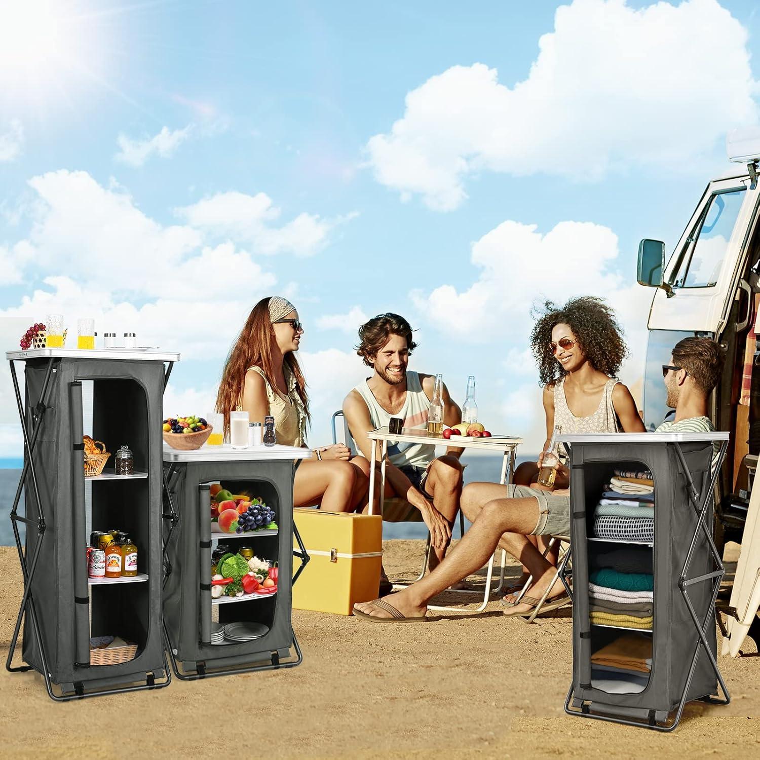 image:imageGiantex Folding Camping Storage Cabinet with 3 Shelves and Carry Bag Portable Outdoor Organizer Kitchen Table Quick Setup for BBQ Picnic Backyard Compact PopUp Cupboard 35HGrey