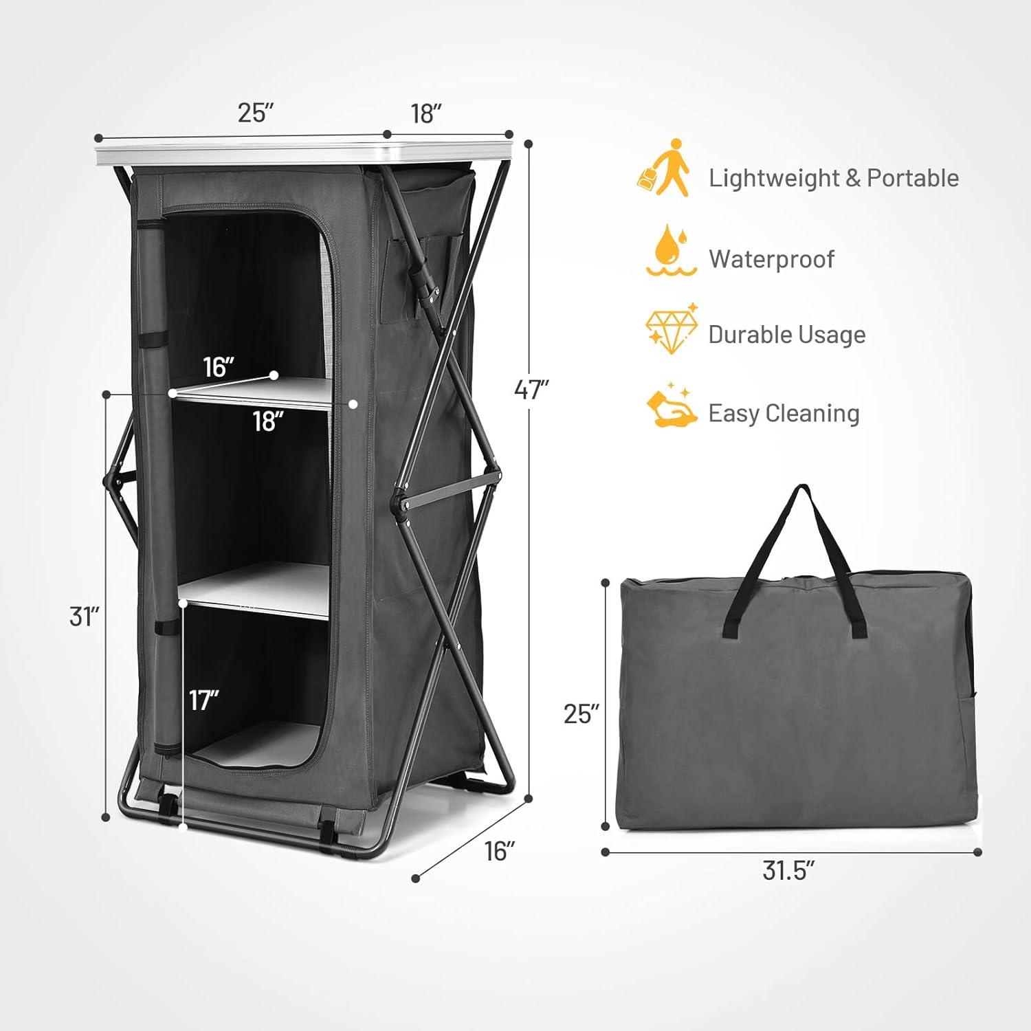 image:imageGiantex Folding Camping Storage Cabinet with 3 Shelves and Carry Bag Portable Outdoor Organizer Kitchen Table Quick Setup for BBQ Picnic Backyard Compact PopUp Cupboard 35HGrey