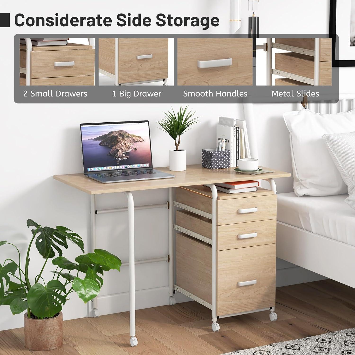 image:imageGiantex Folding Desk for Small Space Rolling Home Office Desk with 3 Drawers amp Lockable Universal Wheels Mobile Study Writing Desk for Dorm Apartment Bedroom BrownNatural