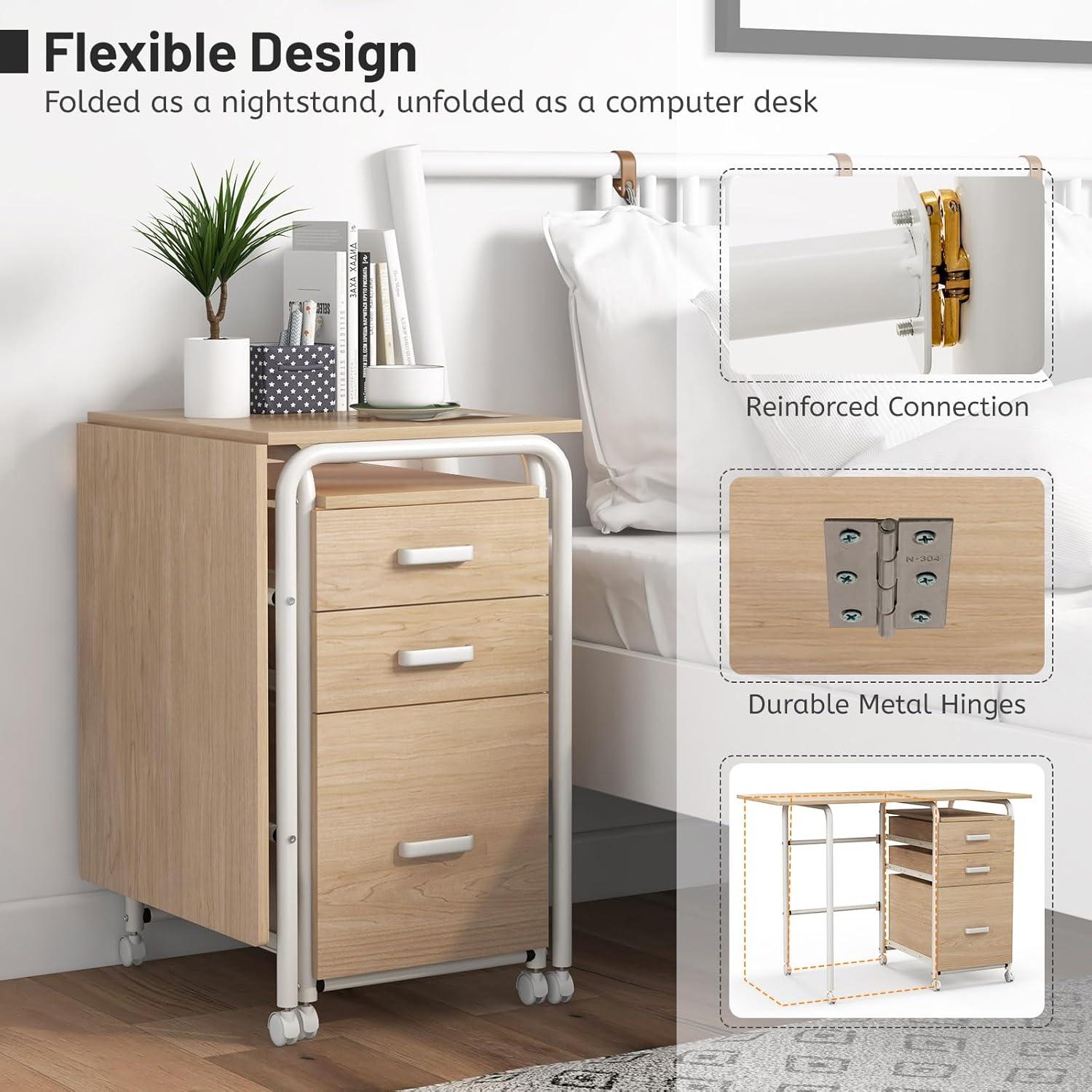 image:imageGiantex Folding Desk for Small Space Rolling Home Office Desk with 3 Drawers amp Lockable Universal Wheels Mobile Study Writing Desk for Dorm Apartment Bedroom BrownNatural
