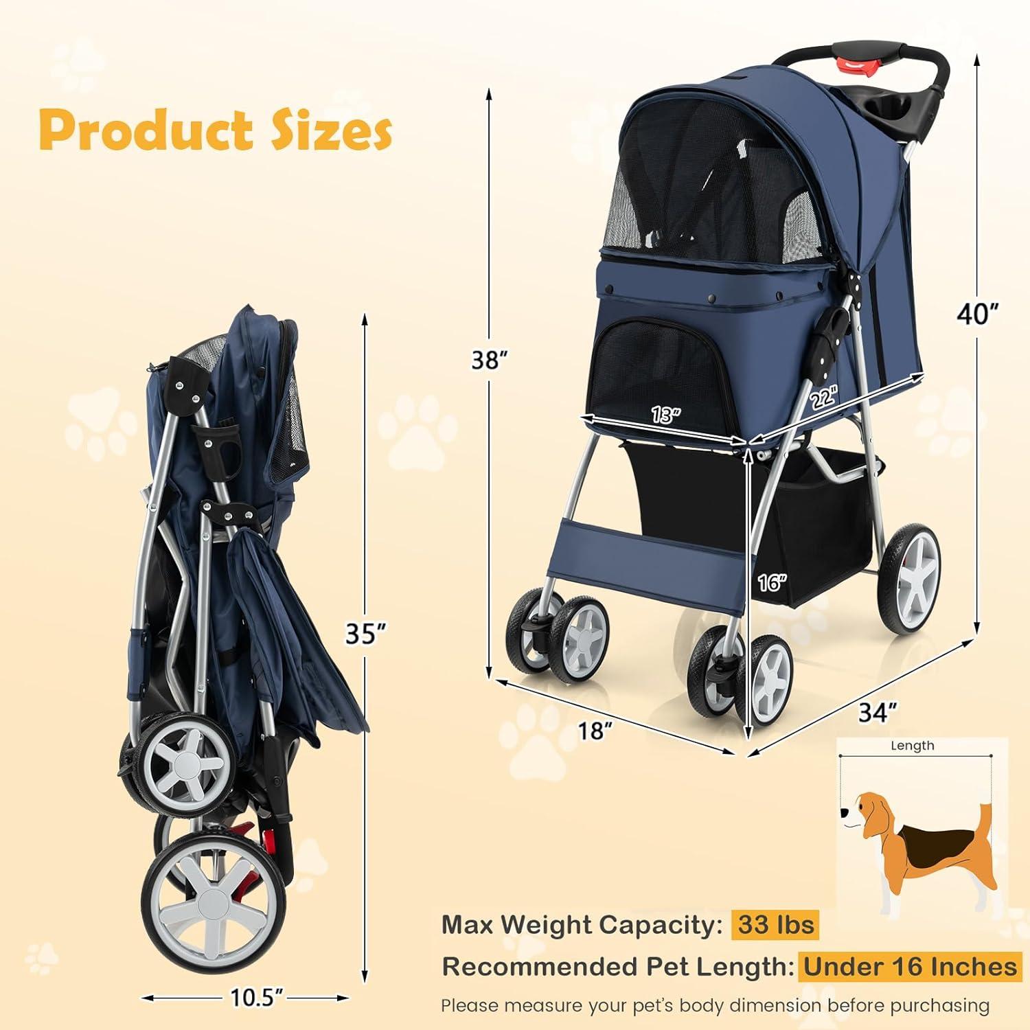 image:imageGiantex Folding Dog Stroller for Small Medium Dogs Cats Puppy 4 Lockable Wheels Cat Stroller Pet Travel Carrier Strolling Cart Safety Belt Removable Liner and Storage Basket NavyNavy Blue