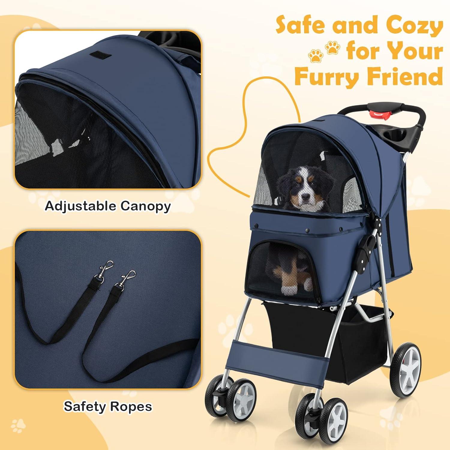 image:imageGiantex Folding Dog Stroller for Small Medium Dogs Cats Puppy 4 Lockable Wheels Cat Stroller Pet Travel Carrier Strolling Cart Safety Belt Removable Liner and Storage Basket NavyNavy Blue