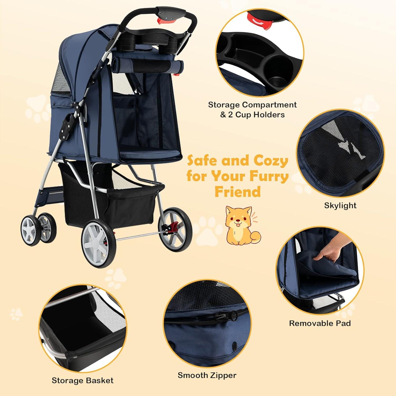 image:imageGiantex Folding Dog Stroller for Small Medium Dogs Cats Puppy 4 Lockable Wheels Cat Stroller Pet Travel Carrier Strolling Cart Safety Belt Removable Liner and Storage Basket NavyNavy Blue