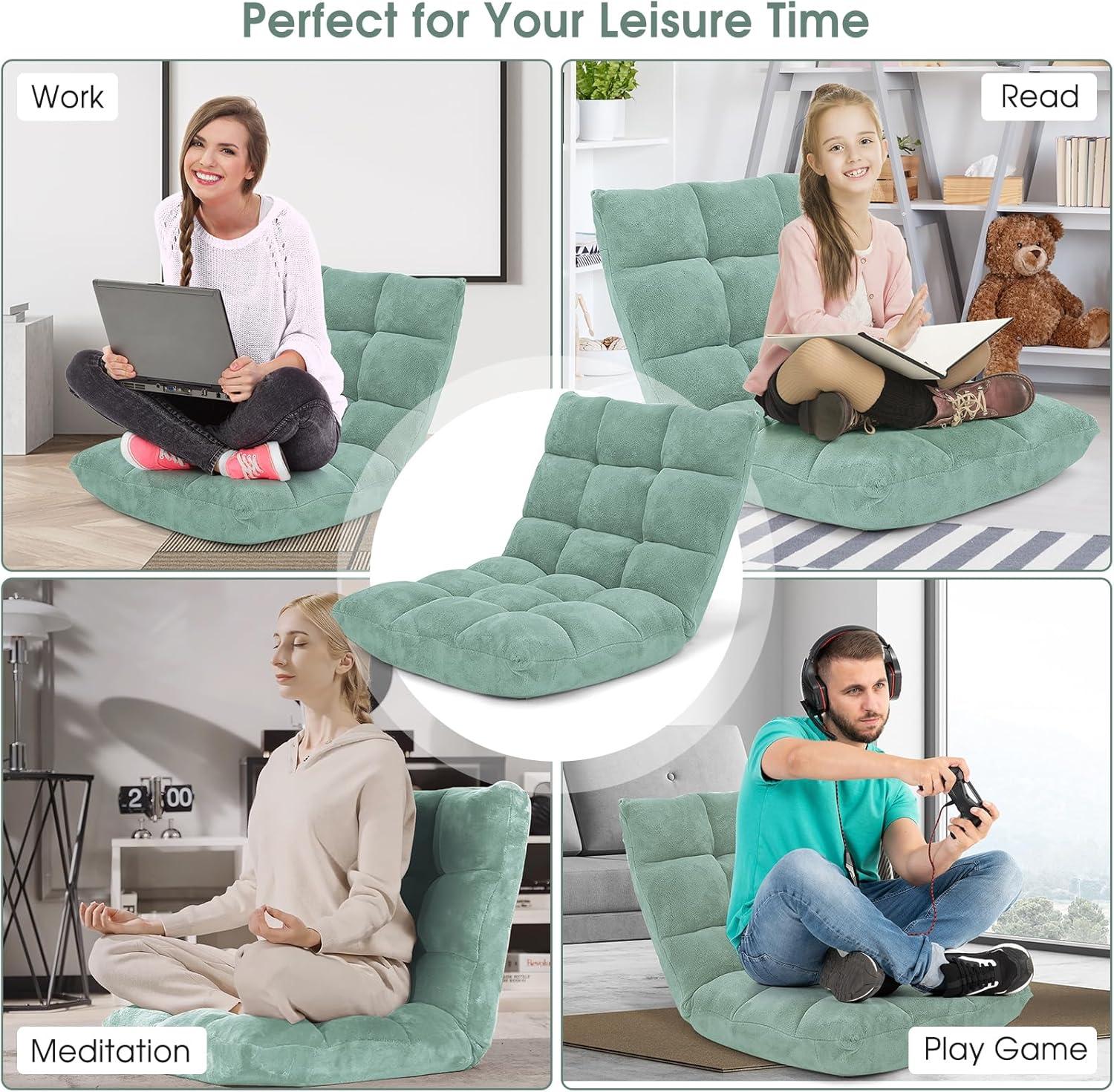 image:imageGiantex Folding Floor Chair with Back Support 14 Adjustable Position Padded Sleeper Bed Couch Recliner Floor Gaming Chair for Adults Meditation Living Room Bedroom BlackGreen