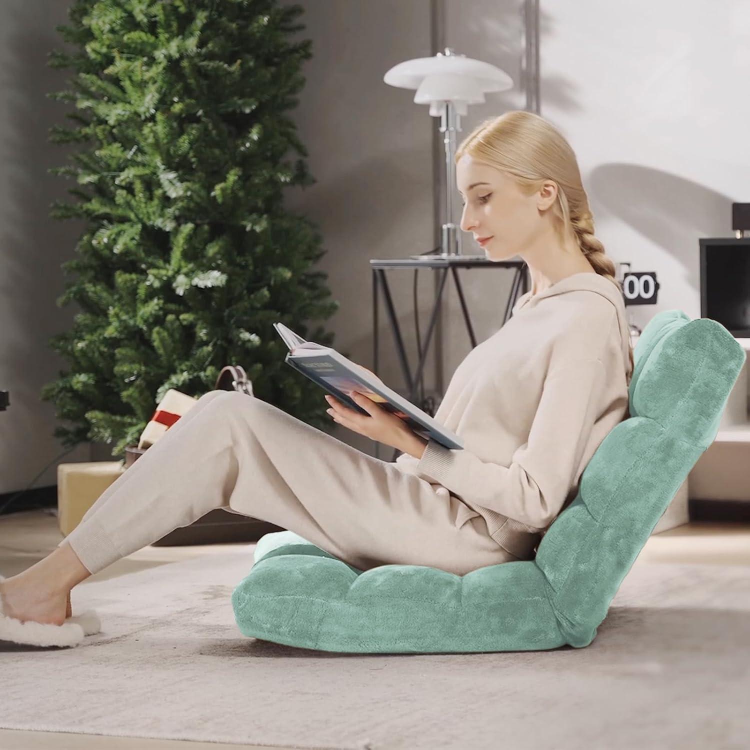 image:imageGiantex Folding Floor Chair with Back Support 14 Adjustable Position Padded Sleeper Bed Couch Recliner Floor Gaming Chair for Adults Meditation Living Room Bedroom BlackGreen