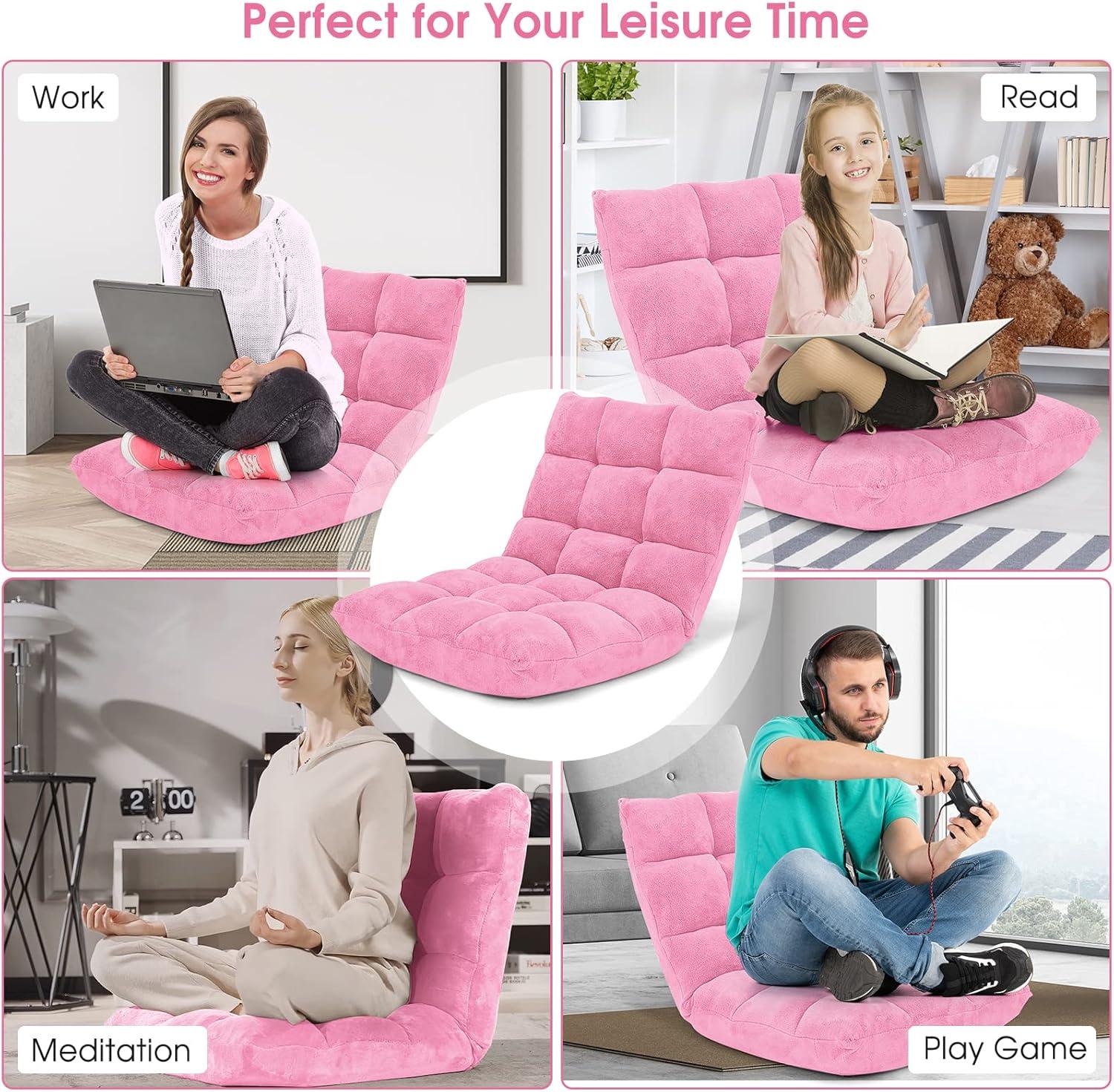 image:imageGiantex Folding Floor Chair with Back Support 14 Adjustable Position Padded Sleeper Bed Couch Recliner Floor Gaming Chair for Adults Meditation Living Room Bedroom BlackPink