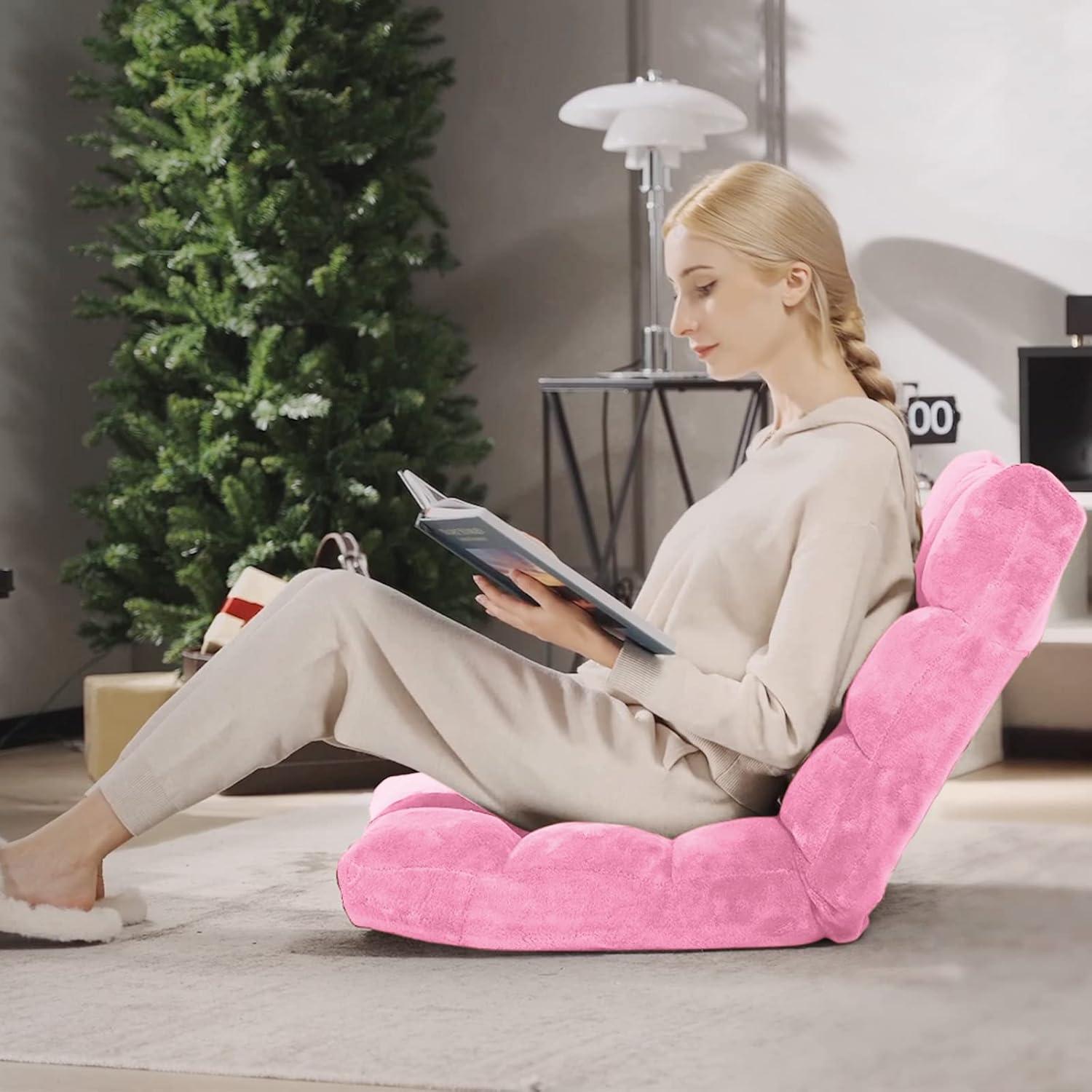 image:imageGiantex Folding Floor Chair with Back Support 14 Adjustable Position Padded Sleeper Bed Couch Recliner Floor Gaming Chair for Adults Meditation Living Room Bedroom BlackPink