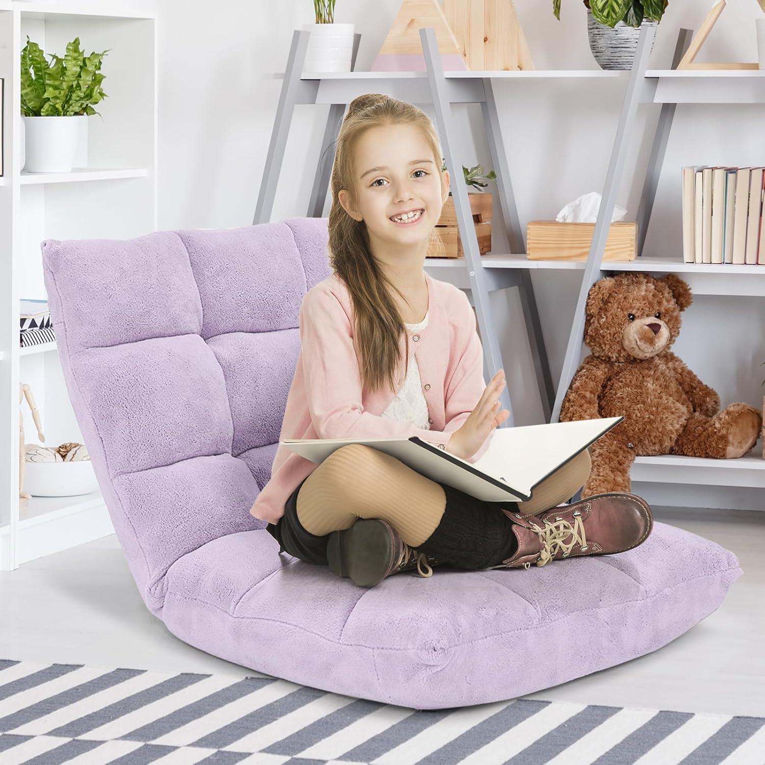 image:imageGiantex Folding Floor Chair with Back Support 14 Adjustable Position Padded Sleeper Bed Couch Recliner Floor Gaming Chair for Adults Meditation Living Room Bedroom BlackLight Purple