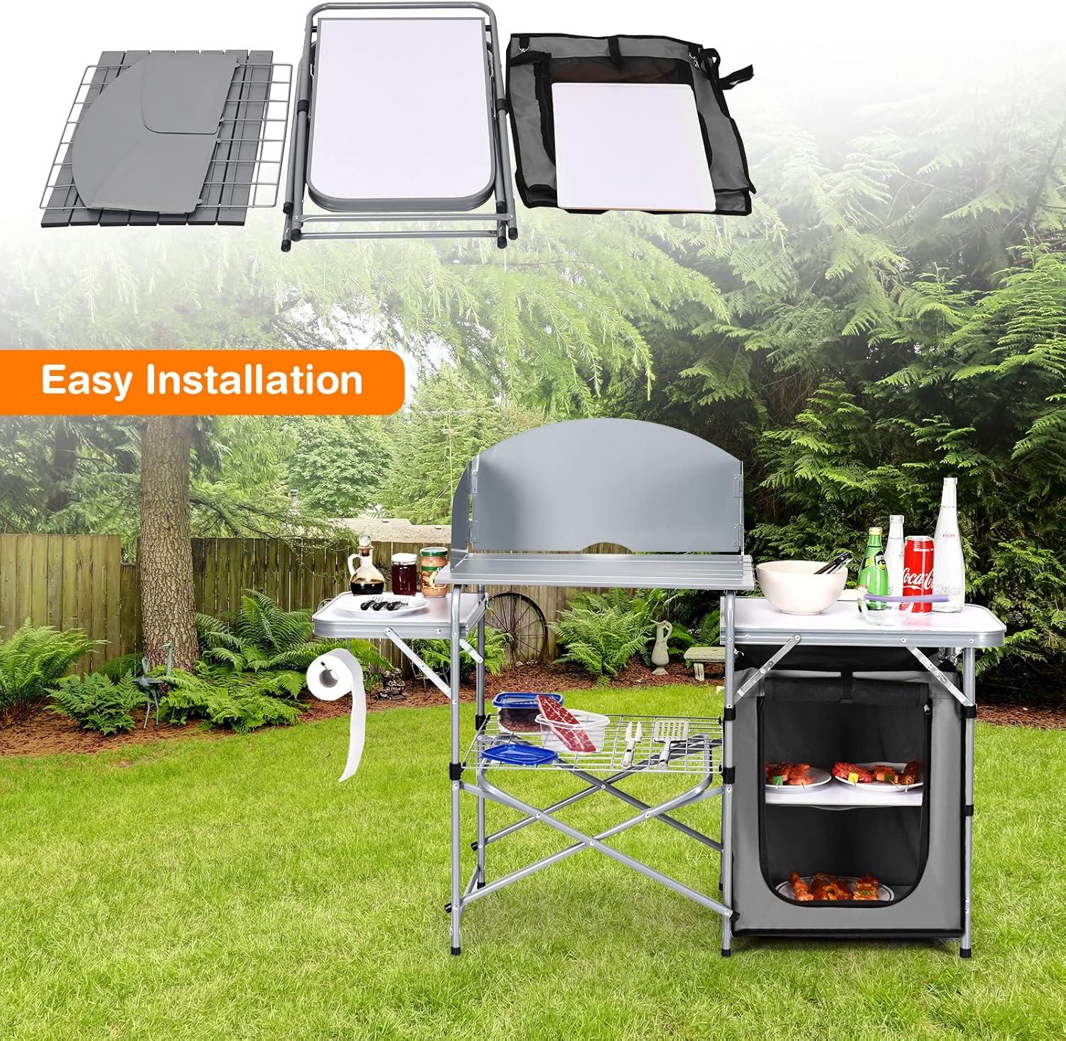 image:imageGiantex Folding Grill Table with 26 Tabletop and Detachable Windscreen Aluminum Portable Camp Cook Station Carry Bag Quick Setup BBQ Camping Picnic Backyard Outdoor Camping Kitchen Table GreyGrey