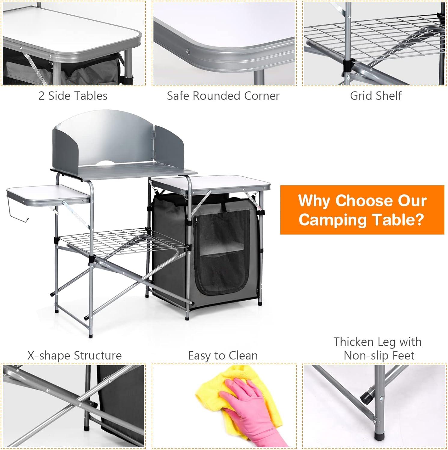 image:imageGiantex Folding Grill Table with 26 Tabletop and Detachable Windscreen Aluminum Portable Camp Cook Station Carry Bag Quick Setup BBQ Camping Picnic Backyard Outdoor Camping Kitchen Table GreyGrey