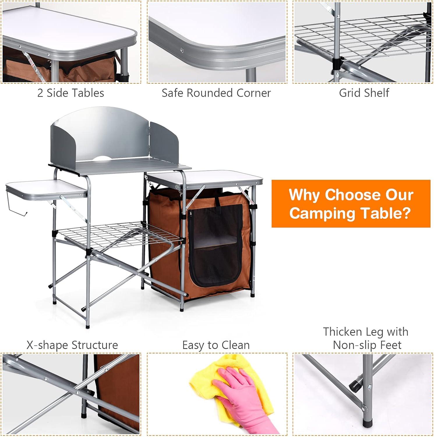image:imageGiantex Folding Grill Table with 26 Tabletop and Detachable Windscreen Aluminum Portable Camp Cook Station Carry Bag Quick Setup BBQ Camping Picnic Backyard Outdoor Camping Kitchen Table GreyBrown