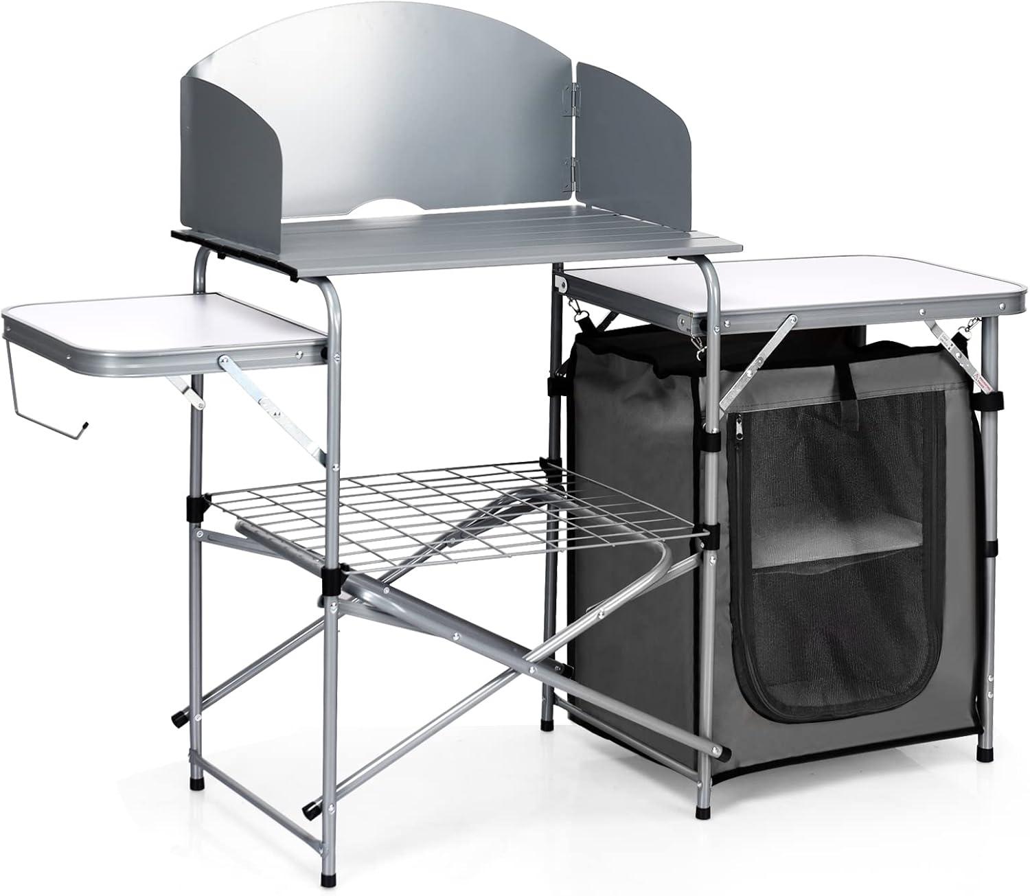 image:imageGiantex Folding Grill Table with 26 Tabletop and Detachable Windscreen Aluminum Portable Camp Cook Station Carry Bag Quick Setup BBQ Camping Picnic Backyard Outdoor Camping Kitchen Table GreyGrey