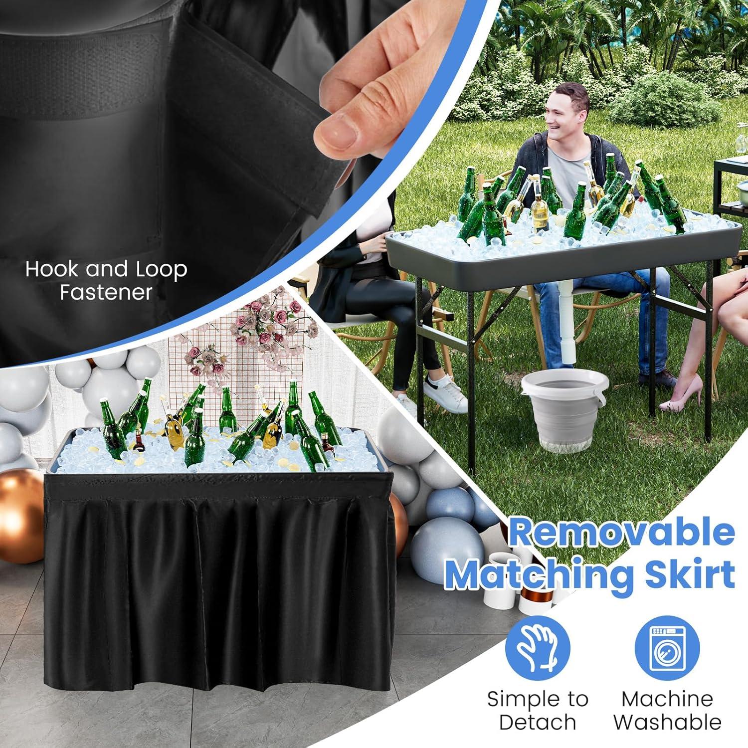 image:imageGiantex Folding Ice Table with Drain 4 ft Portable Cooler with Removable Skirt No Assembly Fill and Chill Table for Food Drink Beverage Foldable Party Ice Bin for Camping BBQ Outdoor WhiteBlack