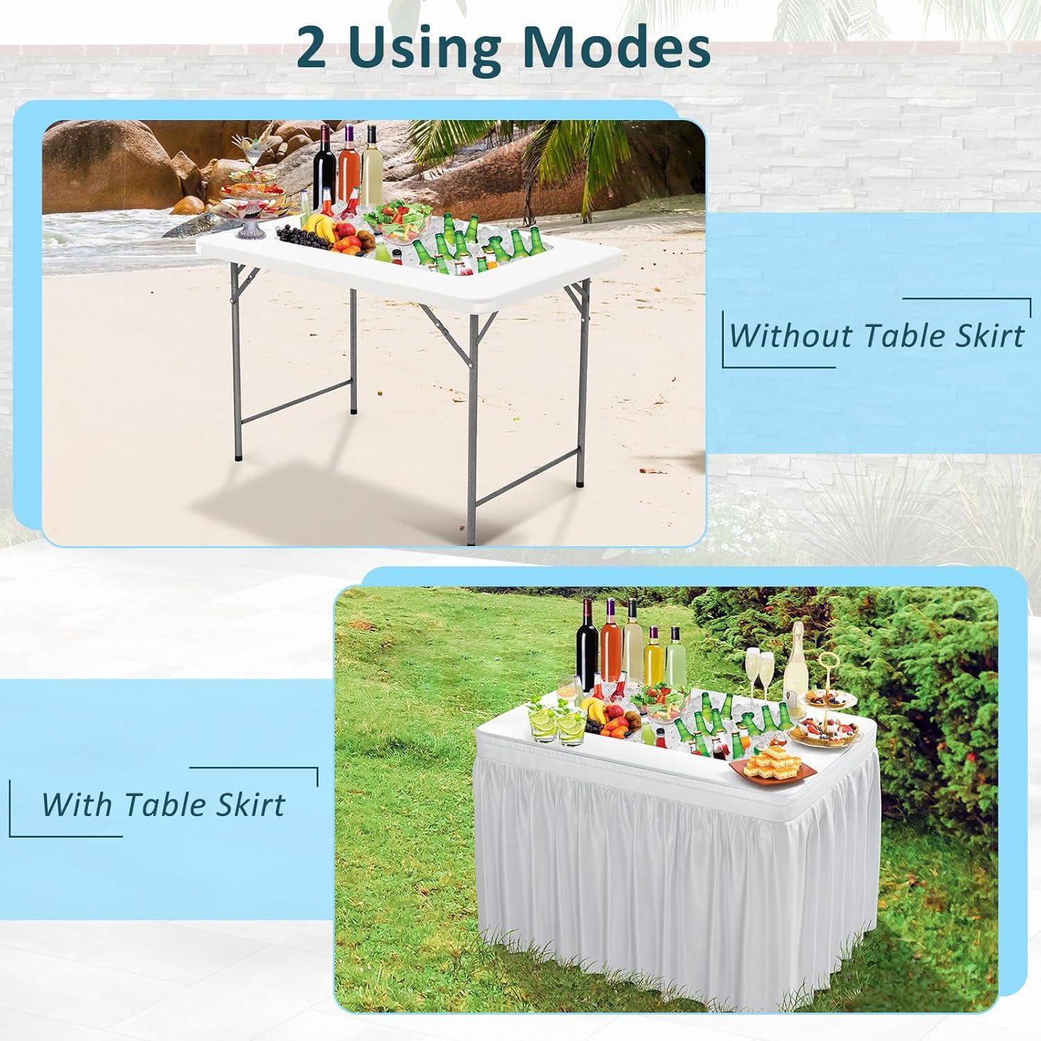 image:imageGiantex Folding Ice Table with Drain 4 ft Portable Cooler with Removable Skirt No Assembly Fill and Chill Table for Food Drink Beverage Foldable Party Ice Bin for Camping BBQ Outdoor WhiteWhite