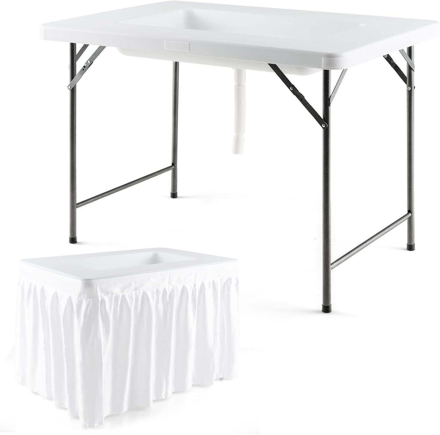 image:imageGiantex Folding Ice Table with Drain 4 ft Portable Cooler with Removable Skirt No Assembly Fill and Chill Table for Food Drink Beverage Foldable Party Ice Bin for Camping BBQ Outdoor WhiteWhite
