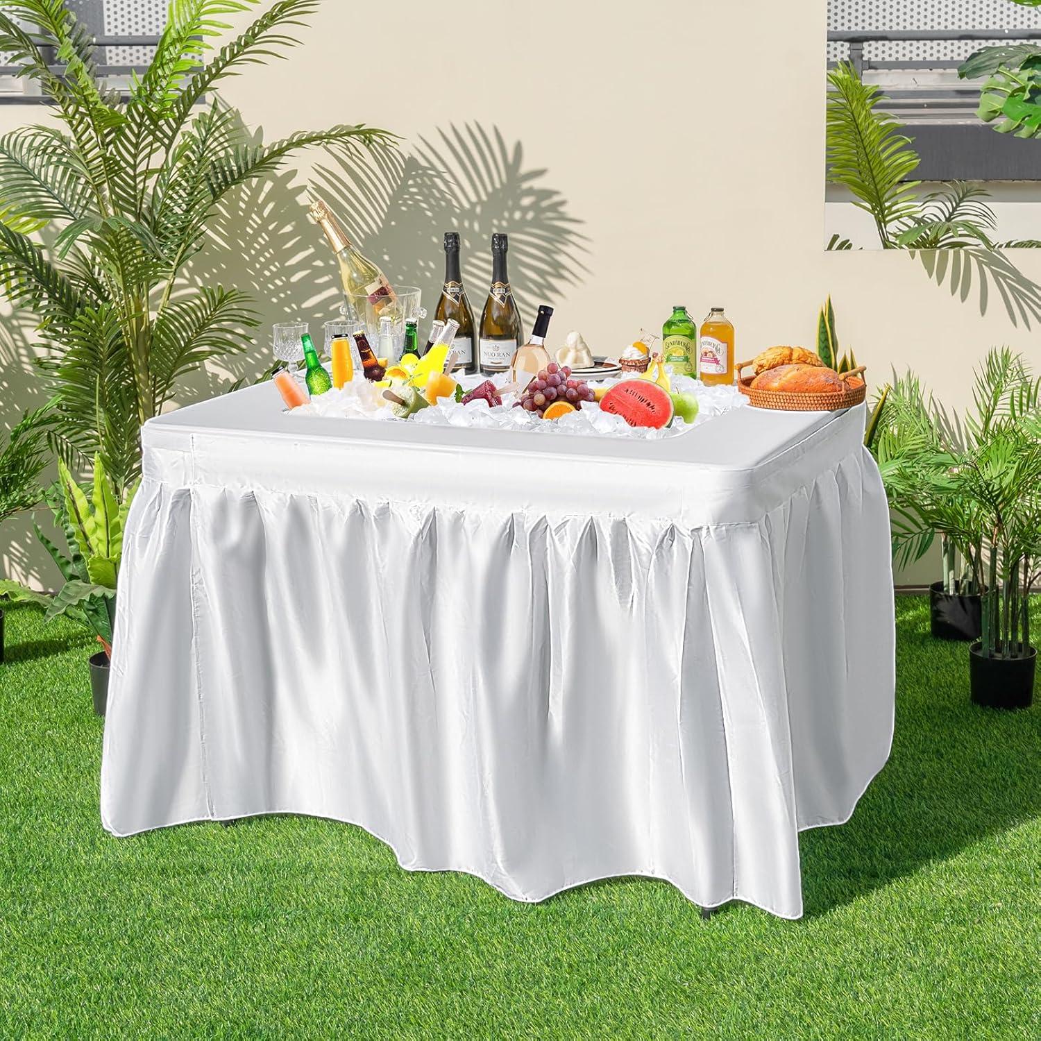 image:imageGiantex Folding Ice Table with Drain 4 ft Portable Cooler with Removable Skirt No Assembly Fill and Chill Table for Food Drink Beverage Foldable Party Ice Bin for Camping BBQ Outdoor WhiteWhite