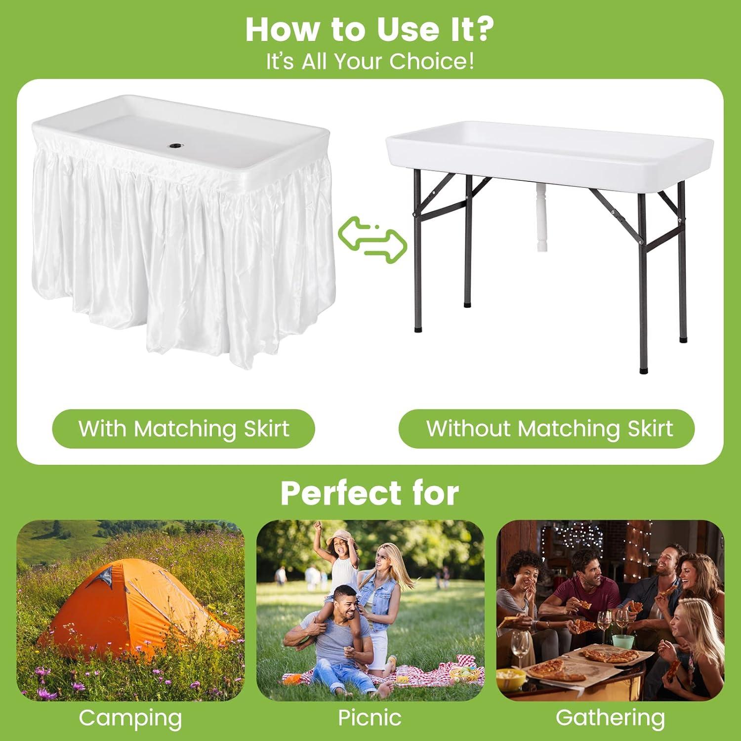 image:imageGiantex Folding Ice Table with Drain 4 ft Portable Cooler with Removable Skirt No Assembly Fill and Chill Table for Food Drink Beverage Foldable Party Ice Bin for Camping BBQ Outdoor WhiteWhite