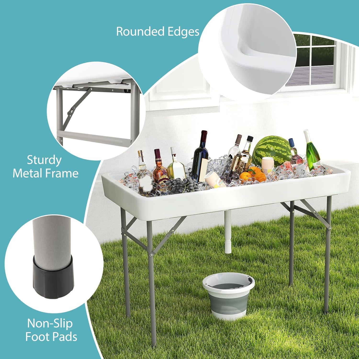 image:imageGiantex Folding Ice Table with Drain 4 ft Portable Cooler with Removable Skirt No Assembly Fill and Chill Table for Food Drink Beverage Foldable Party Ice Bin for Camping BBQ Outdoor WhiteWhite