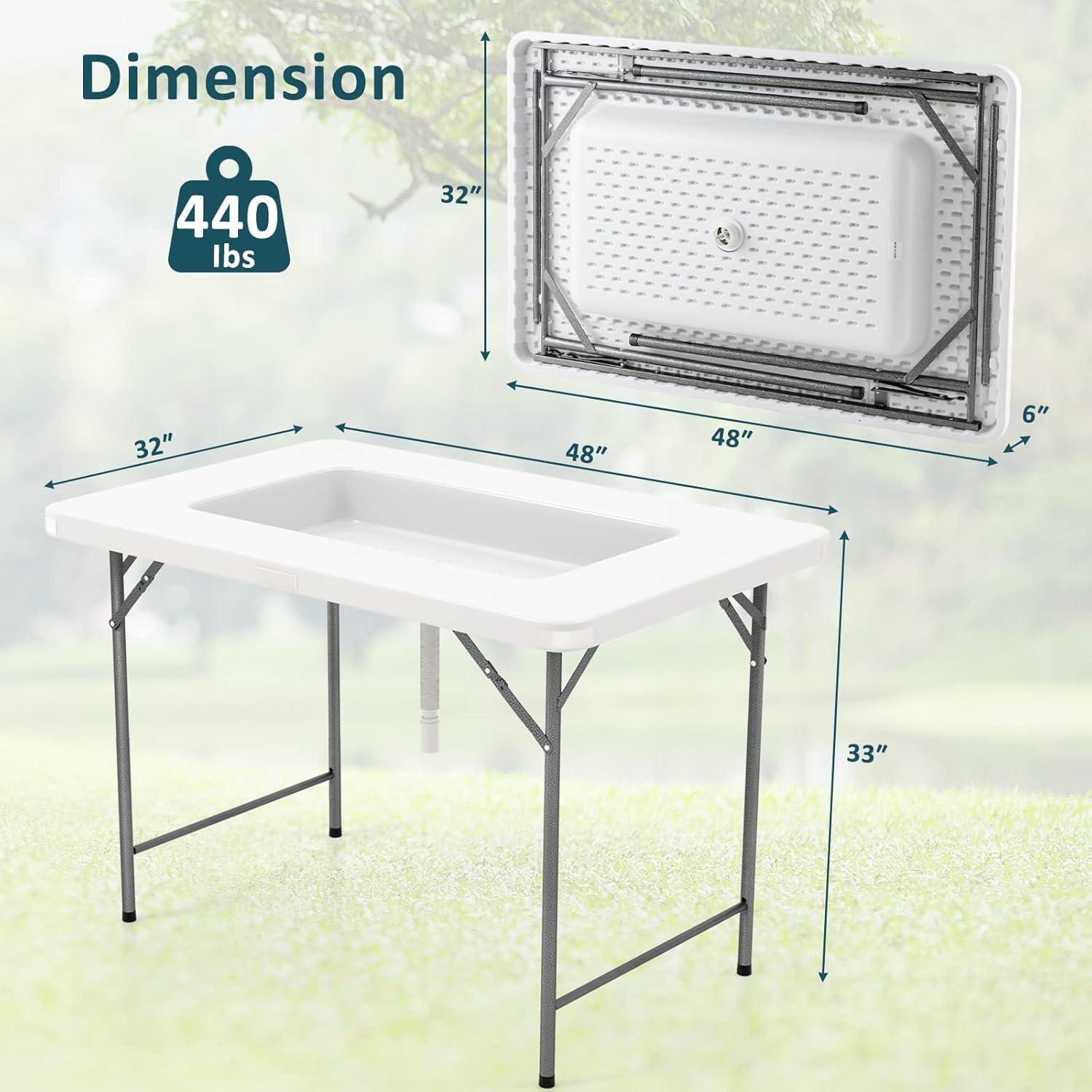 image:imageGiantex Folding Ice Table with Drain 4 ft Portable Cooler with Removable Skirt No Assembly Fill and Chill Table for Food Drink Beverage Foldable Party Ice Bin for Camping BBQ Outdoor WhiteWhite