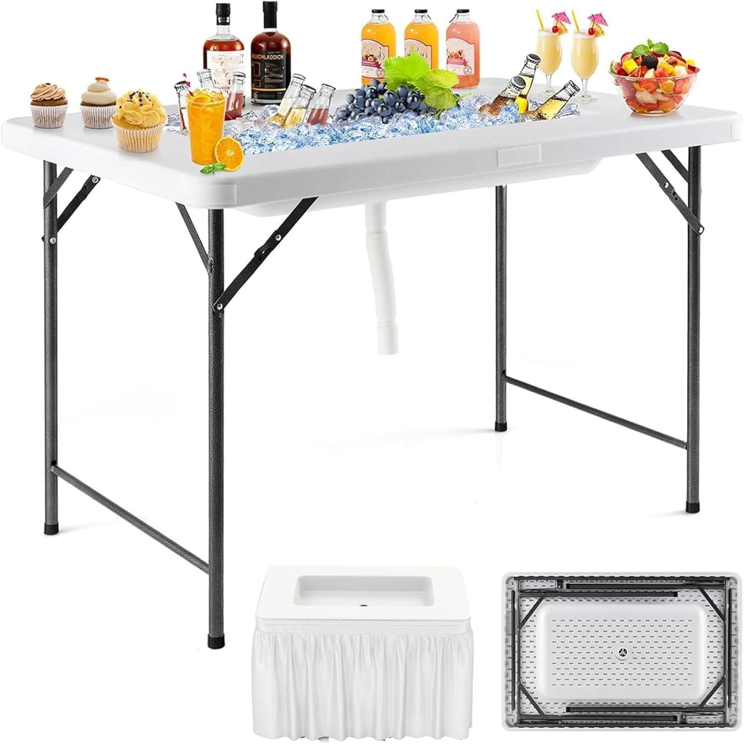 image:imageGiantex Folding Ice Table with Drain 4 ft Portable Cooler with Removable Skirt No Assembly Fill and Chill Table for Food Drink Beverage Foldable Party Ice Bin for Camping BBQ Outdoor WhiteWhite