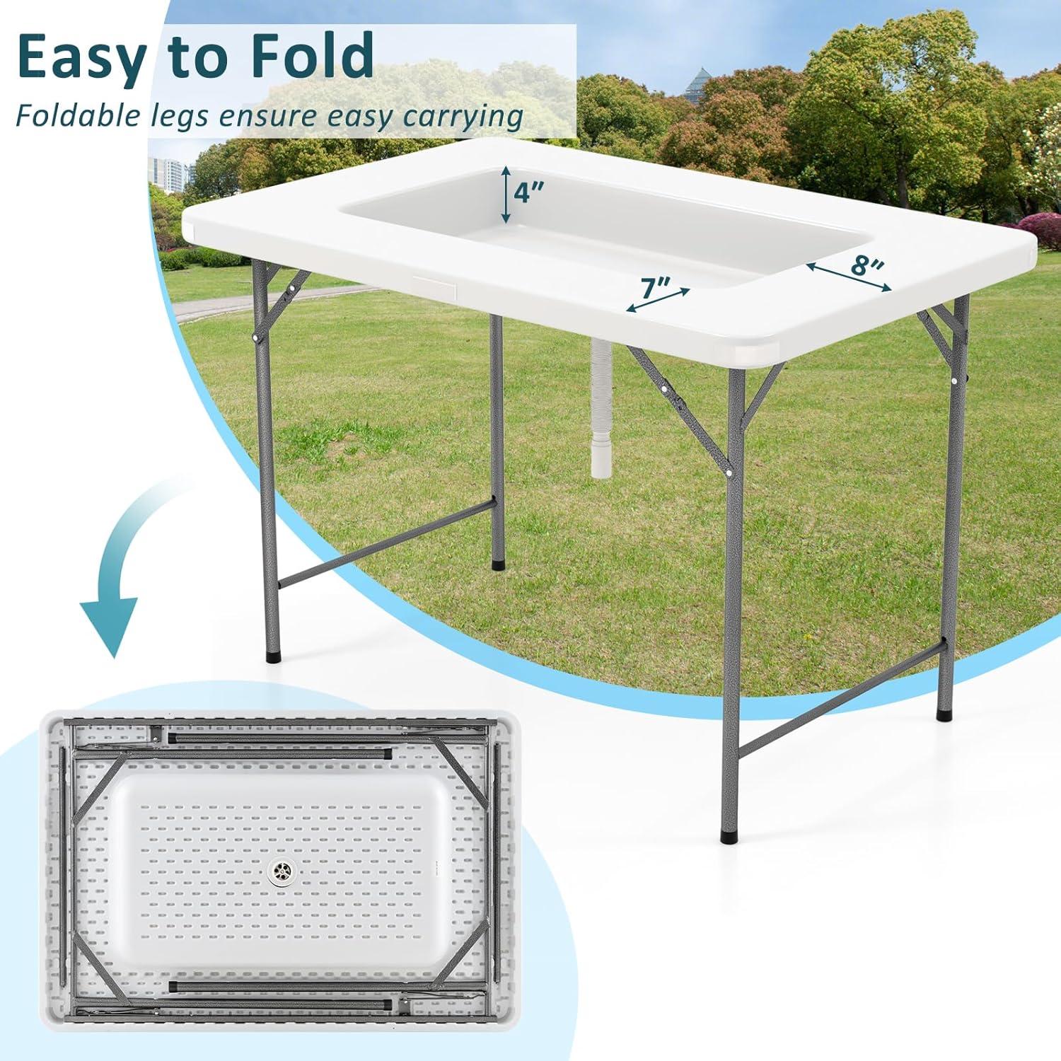 image:imageGiantex Folding Ice Table with Drain 4 ft Portable Cooler with Removable Skirt No Assembly Fill and Chill Table for Food Drink Beverage Foldable Party Ice Bin for Camping BBQ Outdoor WhiteWhite