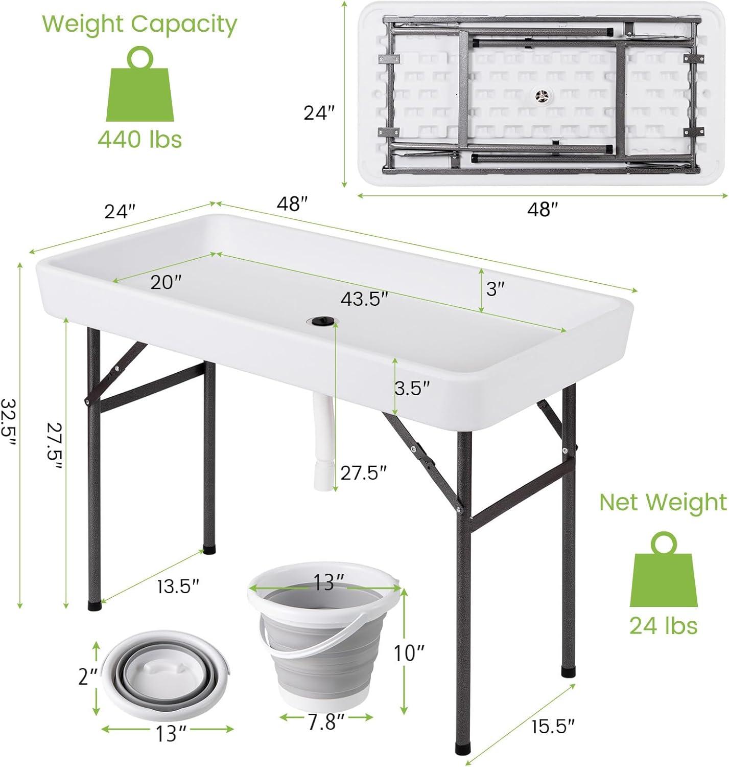 image:imageGiantex Folding Ice Table with Drain 4 ft Portable Cooler with Removable Skirt No Assembly Fill and Chill Table for Food Drink Beverage Foldable Party Ice Bin for Camping BBQ Outdoor WhiteWhite