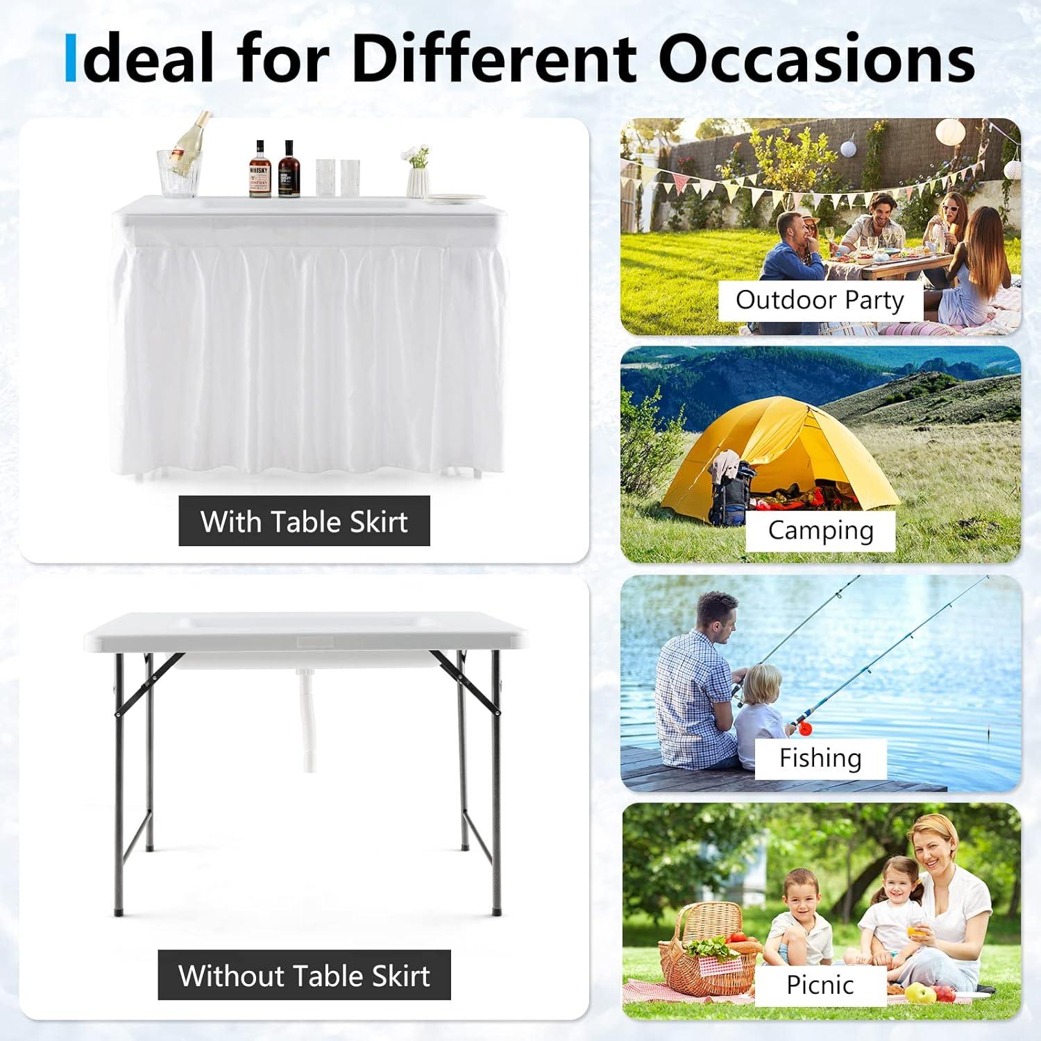 image:imageGiantex Folding Ice Table with Drain 4 ft Portable Cooler with Removable Skirt No Assembly Fill and Chill Table for Food Drink Beverage Foldable Party Ice Bin for Camping BBQ Outdoor WhiteWhite