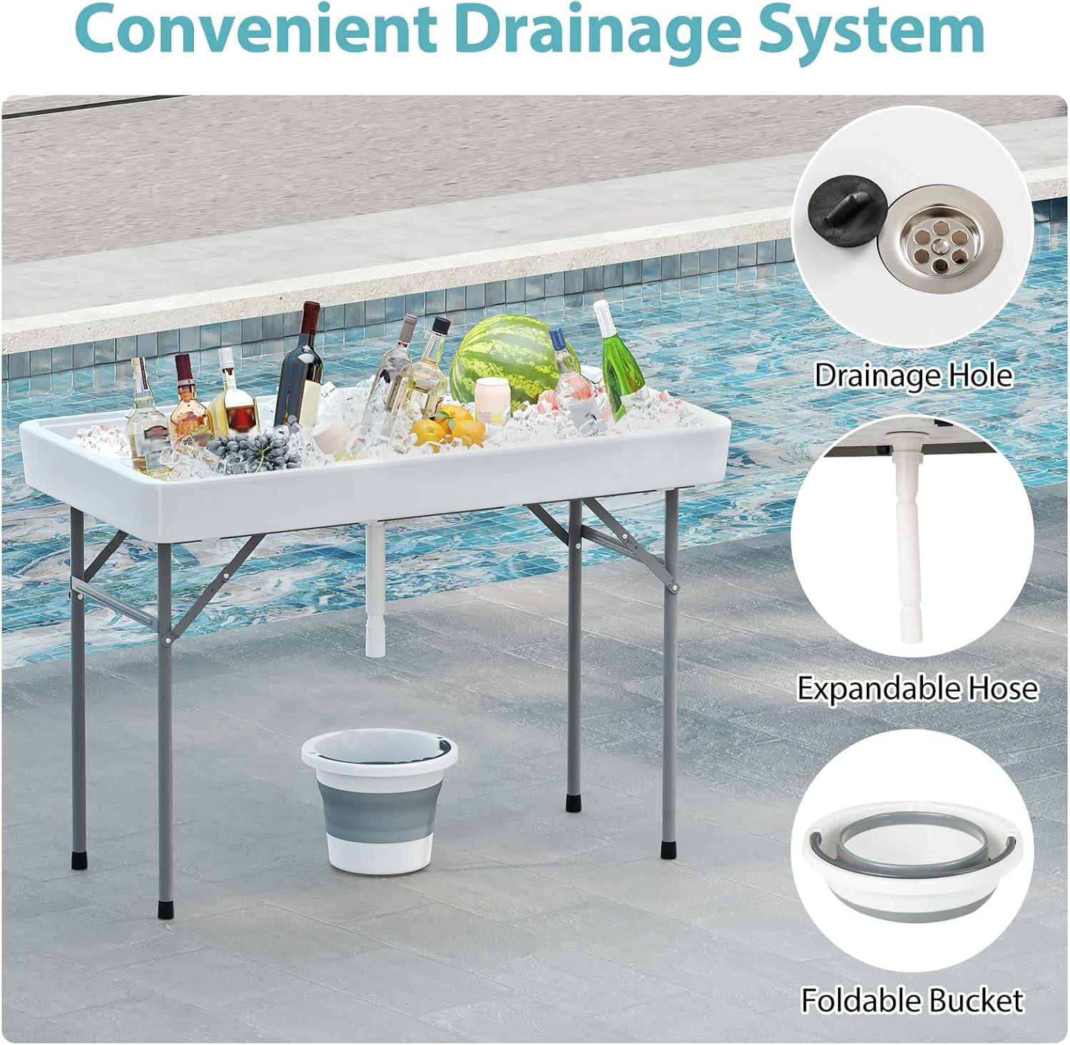 image:imageGiantex Folding Ice Table with Drain 4 ft Portable Cooler with Removable Skirt No Assembly Fill and Chill Table for Food Drink Beverage Foldable Party Ice Bin for Camping BBQ Outdoor WhiteWhite