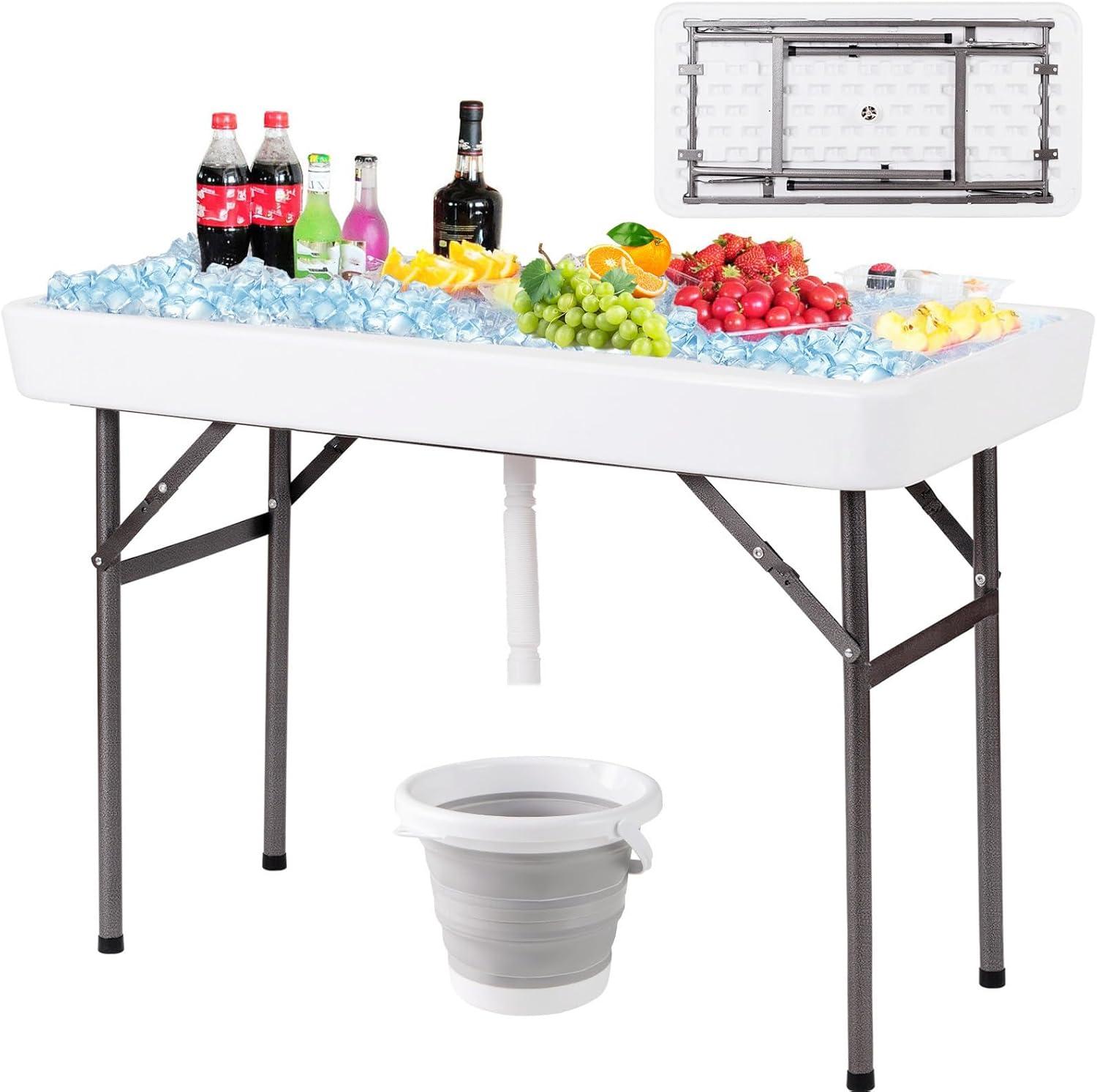 image:imageGiantex Folding Ice Table with Drain 4 ft Portable Cooler with Removable Skirt No Assembly Fill and Chill Table for Food Drink Beverage Foldable Party Ice Bin for Camping BBQ Outdoor WhiteWhite