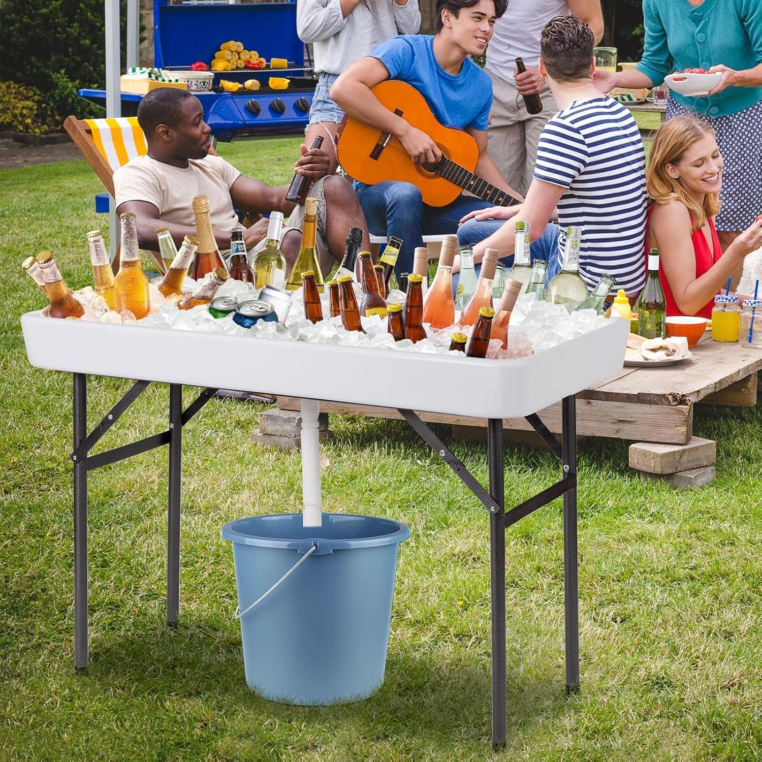 image:imageGiantex Folding Ice Table with Drain 4 ft Portable Cooler with Removable Skirt No Assembly Fill and Chill Table for Food Drink Beverage Foldable Party Ice Bin for Camping BBQ Outdoor WhiteWhite