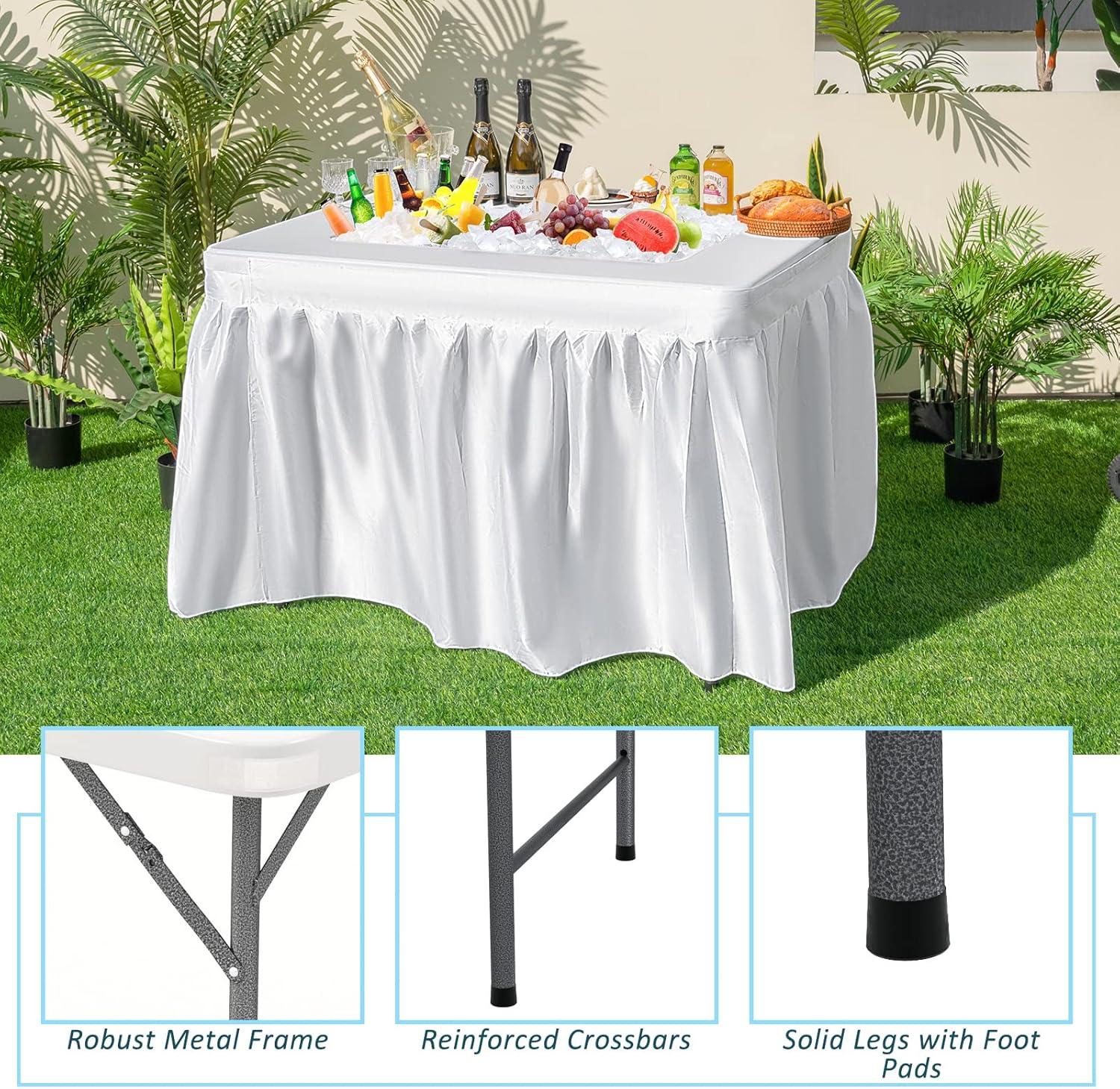 image:imageGiantex Folding Ice Table with Drain 4 ft Portable Cooler with Removable Skirt No Assembly Fill and Chill Table for Food Drink Beverage Foldable Party Ice Bin for Camping BBQ Outdoor WhiteWhite