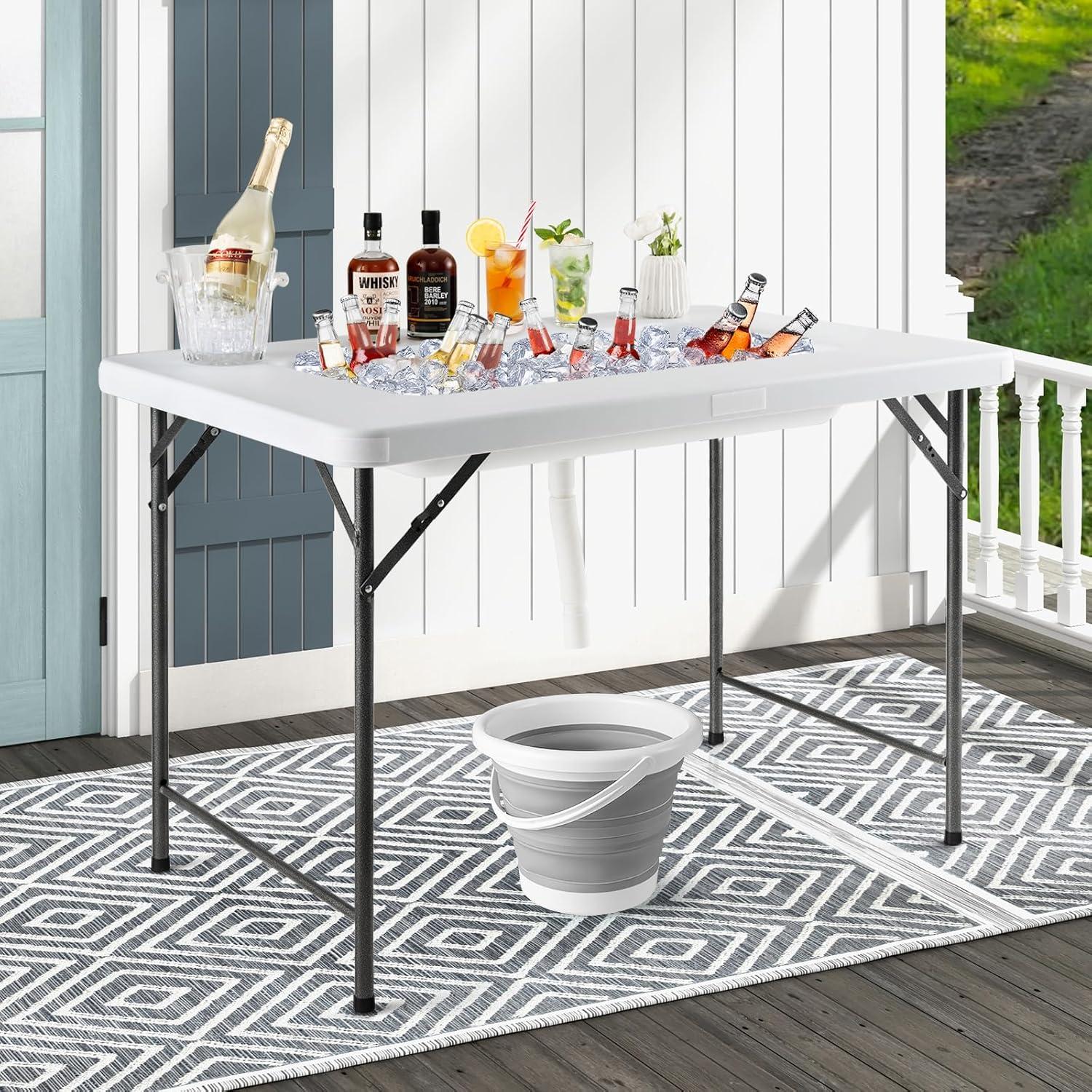 image:imageGiantex Folding Ice Table with Drain 4 ft Portable Cooler with Removable Skirt No Assembly Fill and Chill Table for Food Drink Beverage Foldable Party Ice Bin for Camping BBQ Outdoor WhiteWhite