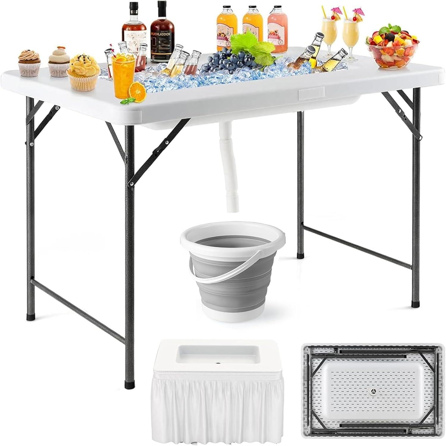 image:imageGiantex Folding Ice Table with Drain 4 ft Portable Cooler with Removable Skirt No Assembly Fill and Chill Table for Food Drink Beverage Foldable Party Ice Bin for Camping BBQ Outdoor WhiteWhite