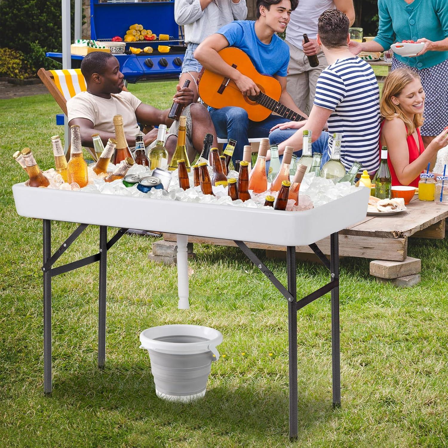 image:imageGiantex Folding Ice Table with Drain 4 ft Portable Cooler with Removable Skirt No Assembly Fill and Chill Table for Food Drink Beverage Foldable Party Ice Bin for Camping BBQ Outdoor WhiteWhite