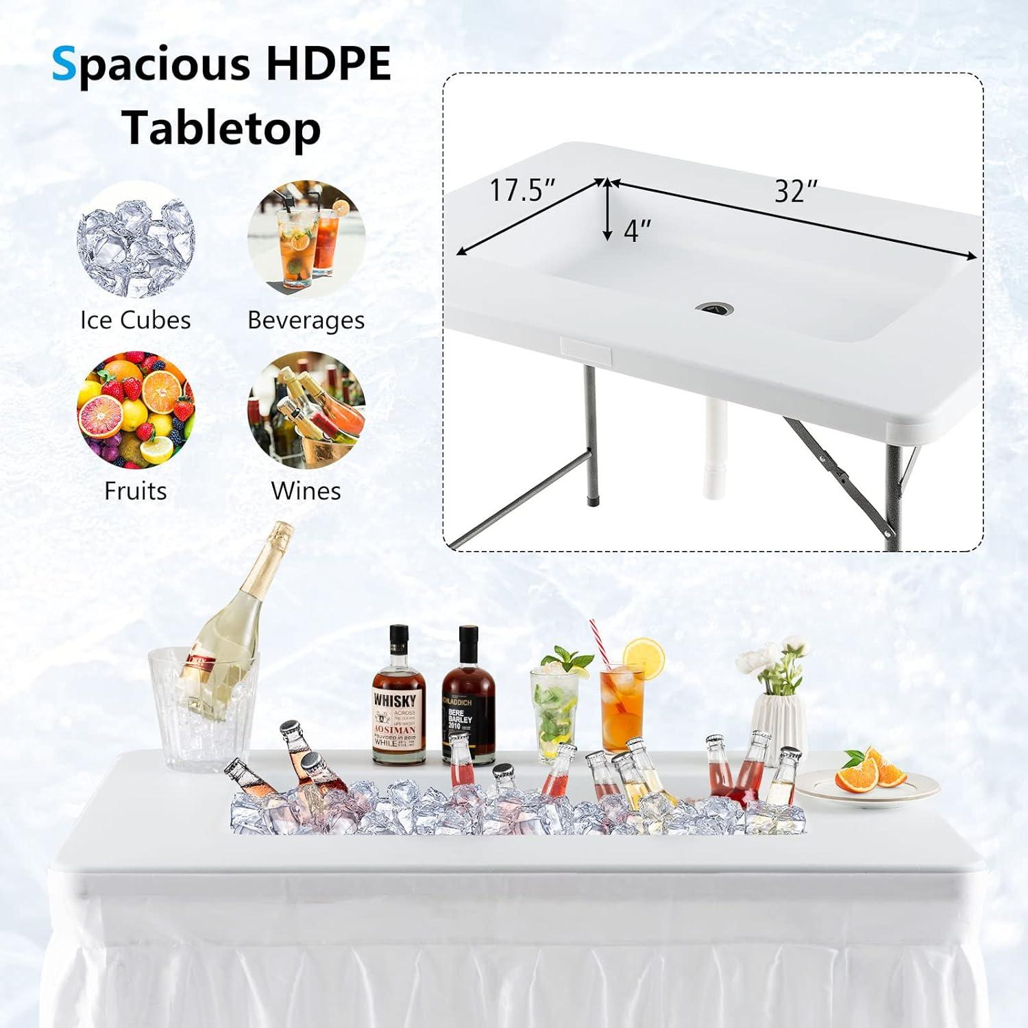 image:imageGiantex Folding Ice Table with Drain 4 ft Portable Cooler with Removable Skirt No Assembly Fill and Chill Table for Food Drink Beverage Foldable Party Ice Bin for Camping BBQ Outdoor WhiteWhite