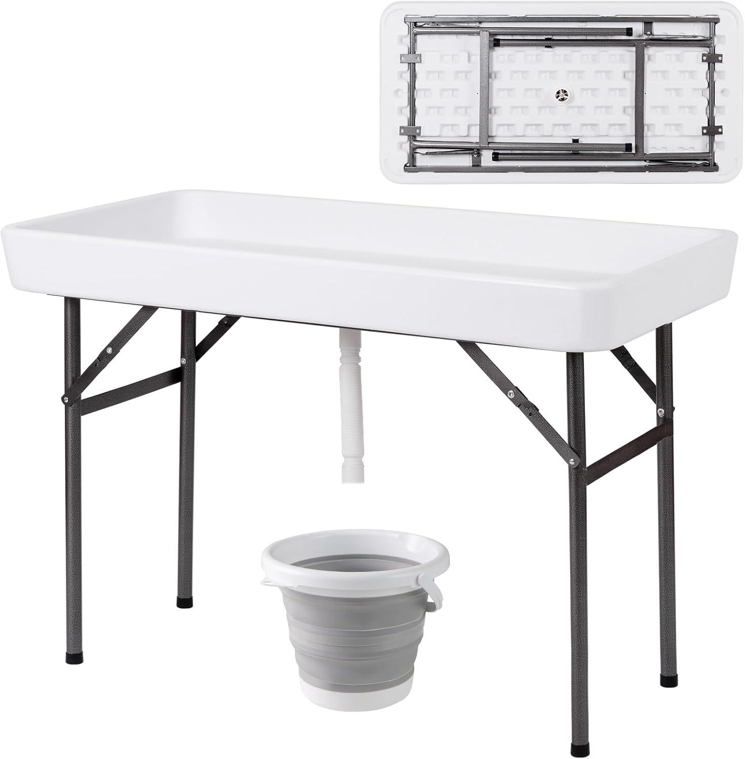 image:imageGiantex Folding Ice Table with Drain 4 ft Portable Cooler with Removable Skirt No Assembly Fill and Chill Table for Food Drink Beverage Foldable Party Ice Bin for Camping BBQ Outdoor WhiteWhite