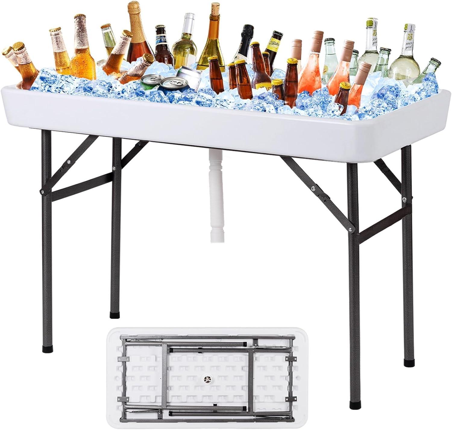 image:imageGiantex Folding Ice Table with Drain 4 ft Portable Cooler with Removable Skirt No Assembly Fill and Chill Table for Food Drink Beverage Foldable Party Ice Bin for Camping BBQ Outdoor WhiteWhite