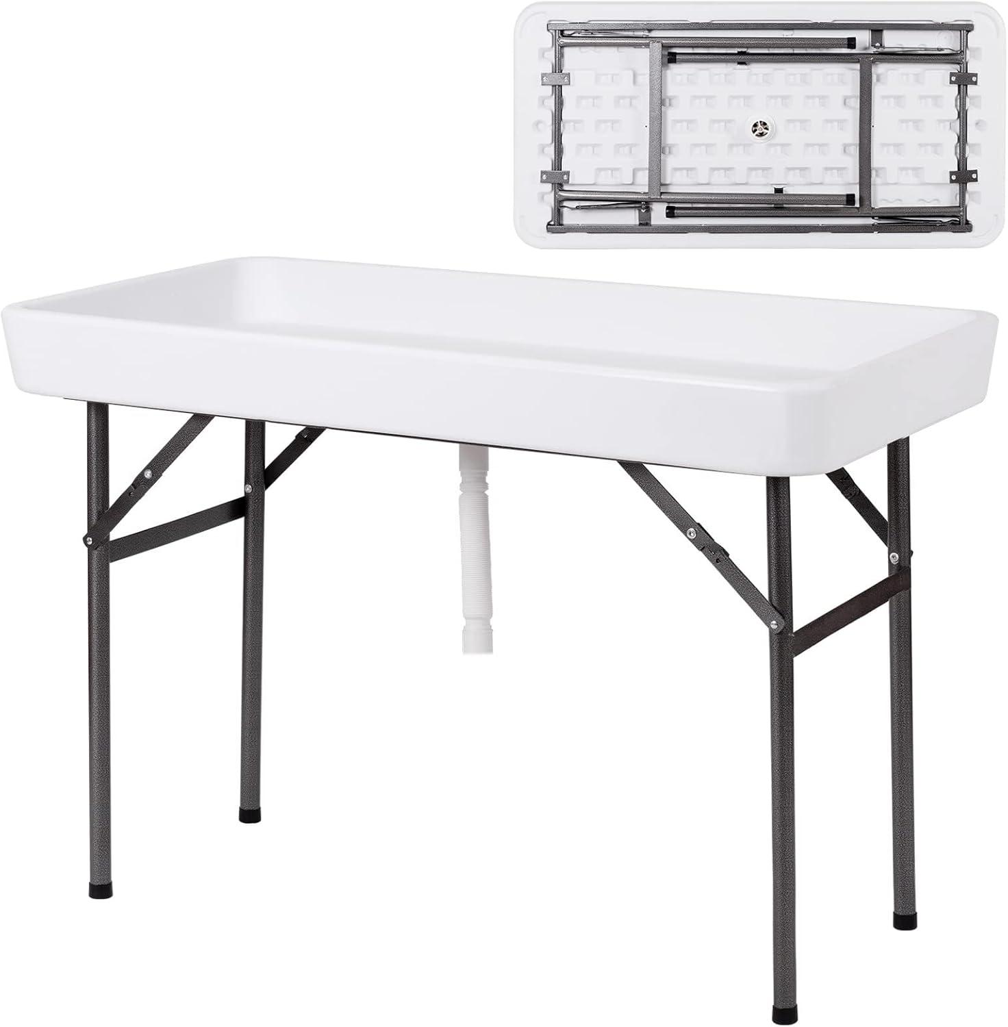 image:imageGiantex Folding Ice Table with Drain 4 ft Portable Cooler with Removable Skirt No Assembly Fill and Chill Table for Food Drink Beverage Foldable Party Ice Bin for Camping BBQ Outdoor WhiteWhite