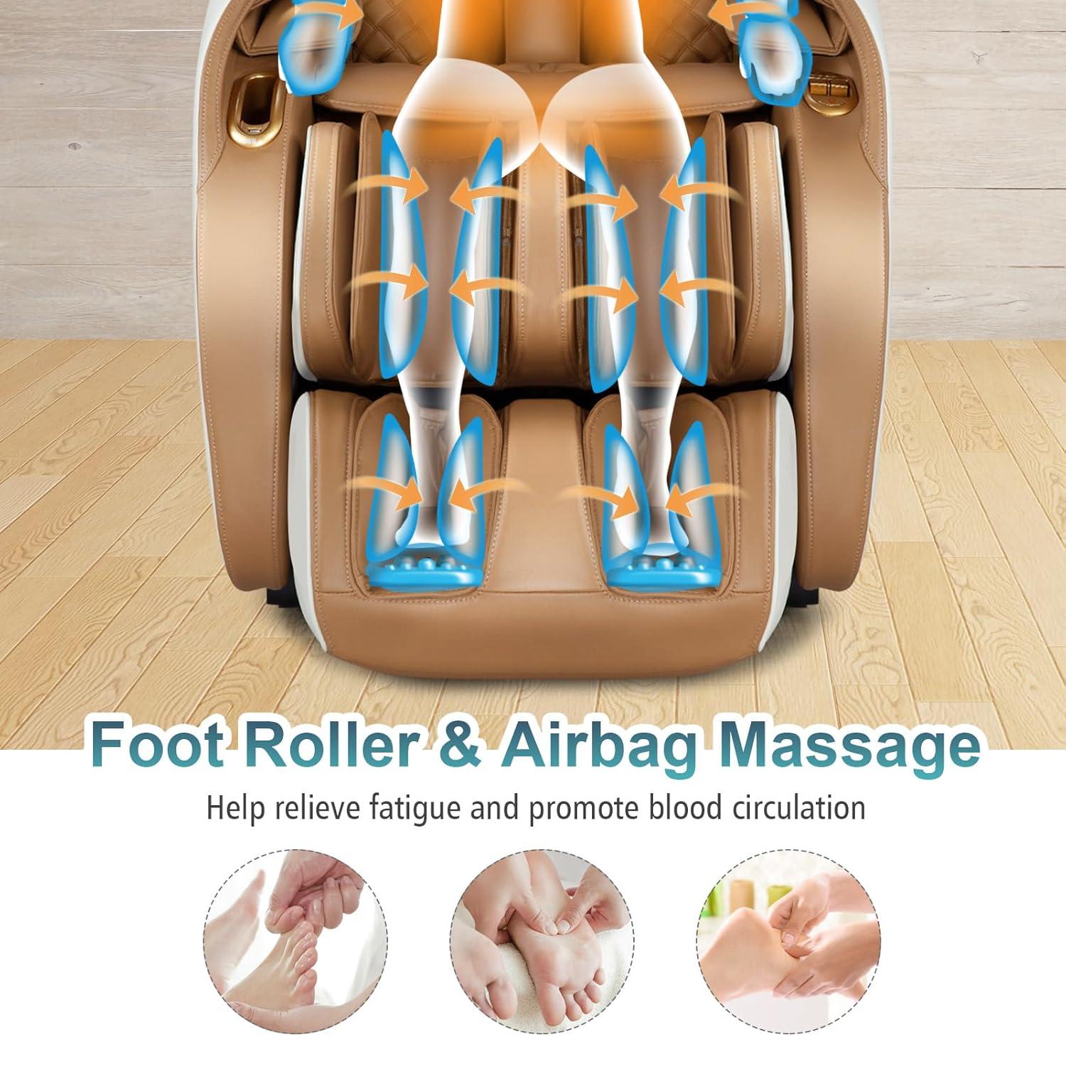 image:imageGiantex Full Body Massage Chair Zero Gravity Shiatsu Massage Recliner with SL Track Voice Control Heat Foot Roller Thai Yoga Stretch Airbags 12 Auto Modes 5 Manual Modes Free Indoor DeliveryBrownwhite