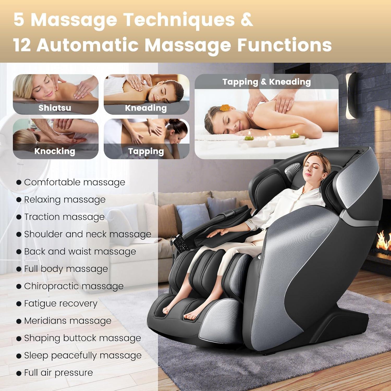 image:imageGiantex Full Body Massage Chair Zero Gravity Shiatsu Massage Recliner with SL Track Voice Control Heat Foot Roller Thai Yoga Stretch Airbags 12 Auto Modes 5 Manual Modes Free Indoor DeliveryBlack