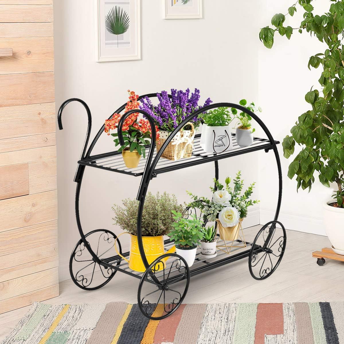 image:imageGiantex Garden Cart Metal Plant Stand with 4 Decorative Wheels Succulent Collection Flower Pot Holder Display Shelf for Home Patio Garden Flower Shop Parisian Style Plant Potted Rack 2Tier