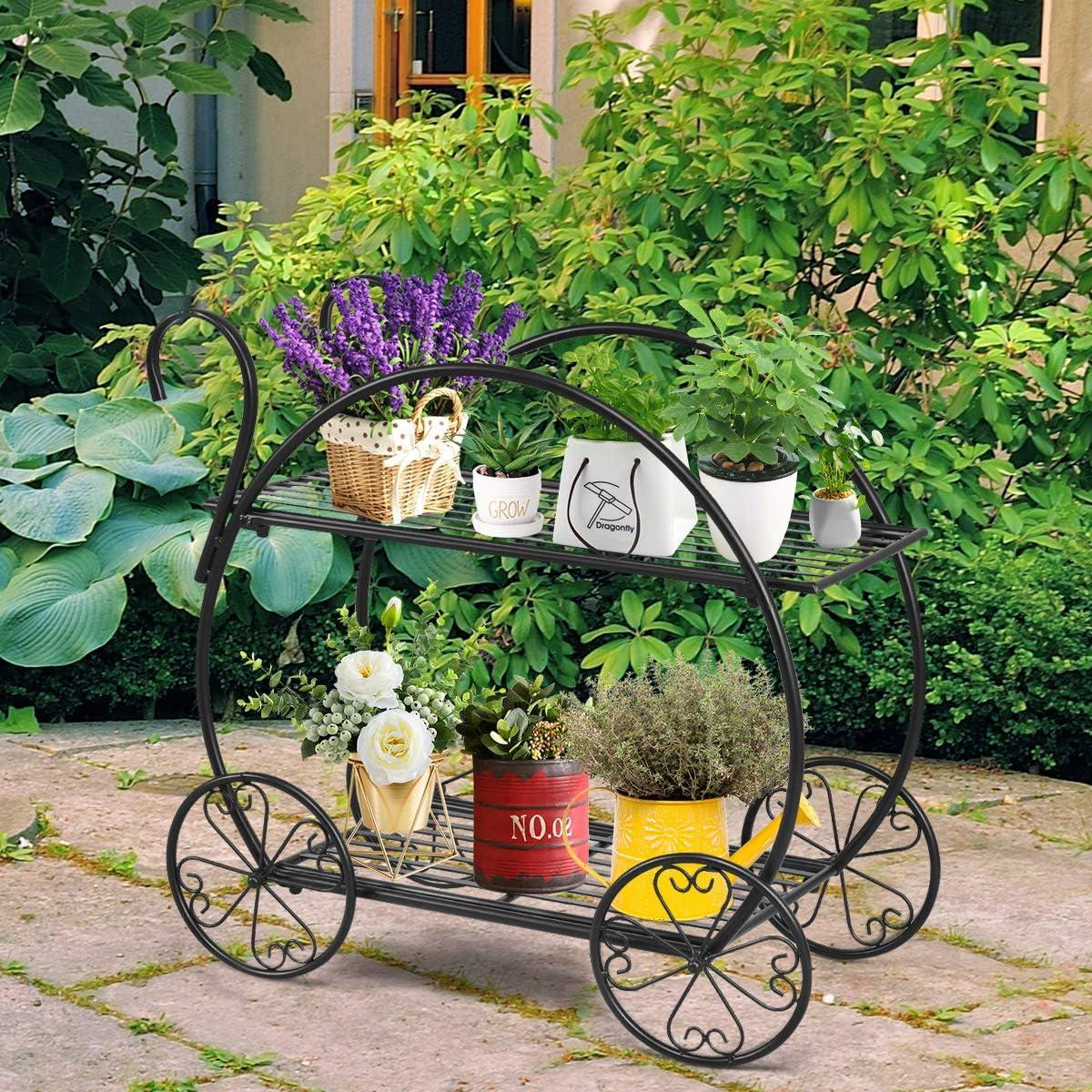image:imageGiantex Garden Cart Metal Plant Stand with 4 Decorative Wheels Succulent Collection Flower Pot Holder Display Shelf for Home Patio Garden Flower Shop Parisian Style Plant Potted Rack 2Tier