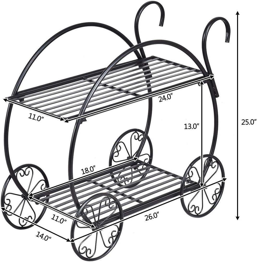 image:imageGiantex Garden Cart Metal Plant Stand with 4 Decorative Wheels Succulent Collection Flower Pot Holder Display Shelf for Home Patio Garden Flower Shop Parisian Style Plant Potted Rack 2Tier